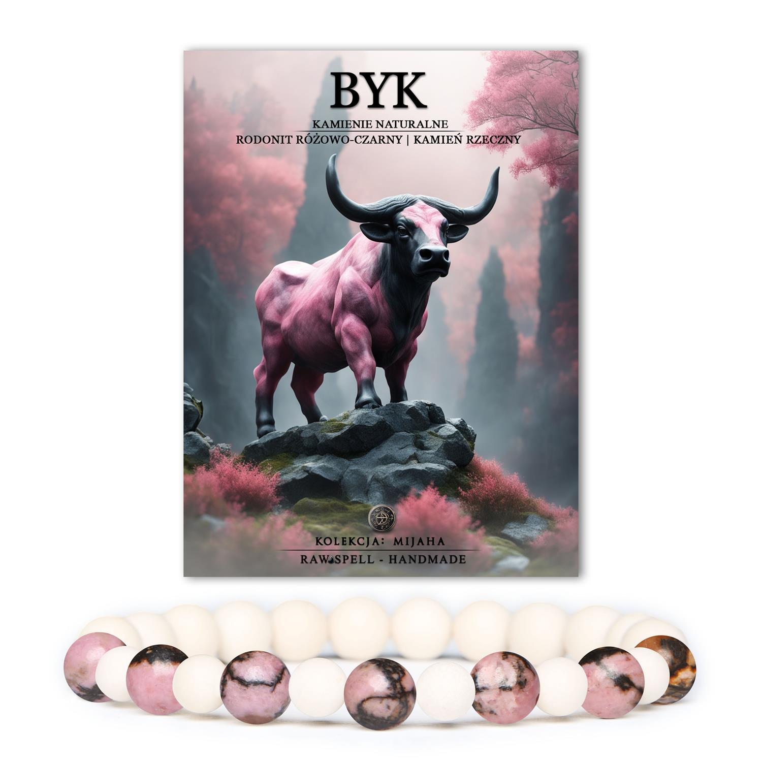 Stylowa bransoletka dla Byka z naturalnych kamieni. Rodonit w różowo-czarnym odcieniu. Idealna dla niego i dla niej! Sprawdź