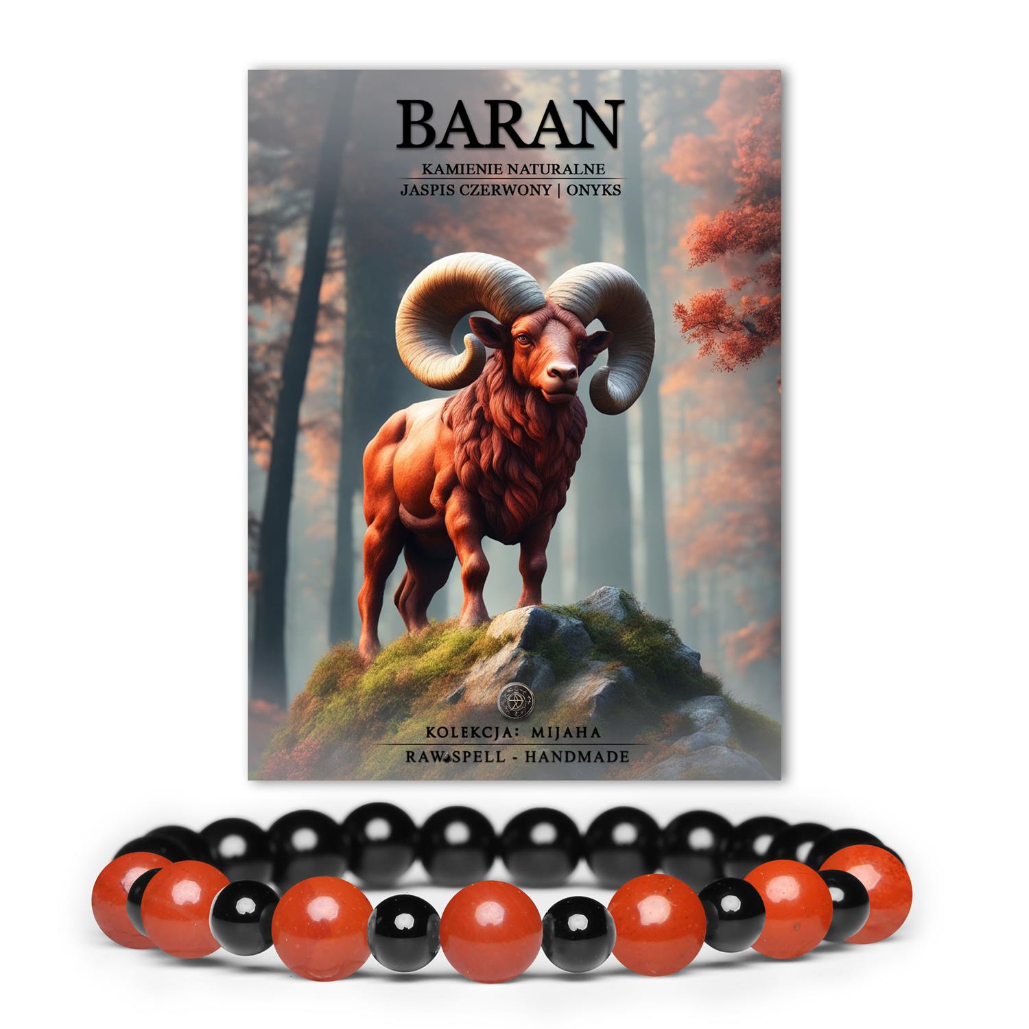 Stylowa bransoletka Baran wykonana z jaspisu czerwonego i onyksu, idealna dla kobiet i mężczyzn, oferowana w elastycznej wersji gumowej.