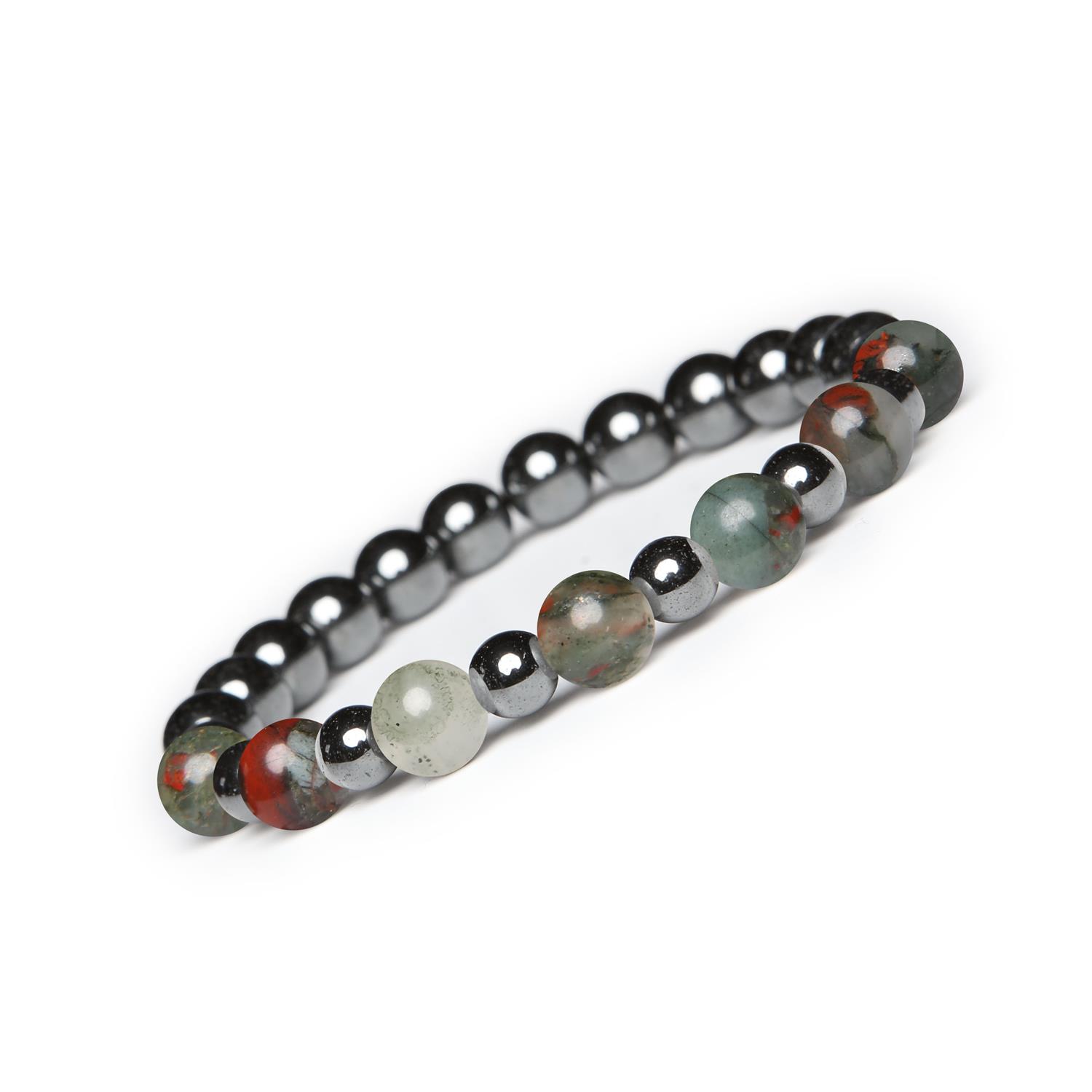 Bransoletka z Kamieni Naturalnych na gumce z kolekcji Mijaha łączy Heliotrop i Hematyt grafitowy, oferując harmoni Zjawiskowa biżuteria z heliotropem i grafitowym hematytem z kolekcji Mijaha, idealna dla obu płci.