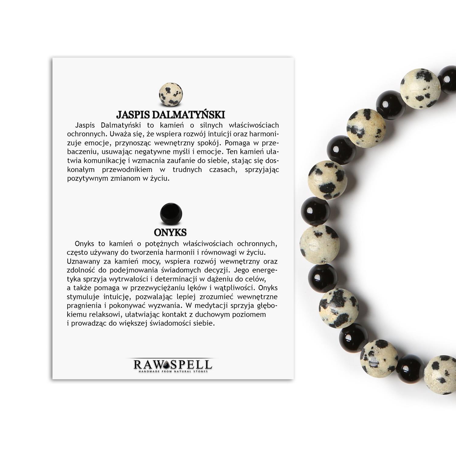 Bransoletka z gumki z kolekcji Mijaha - Jaspis Dalmatyński oraz Onyks, idealna dla wszystkich Elegancka bransoletka Mijaha z Jaspisem Dalmatyńskim i Onyksem, idealna dla kobiet i mężczyzn