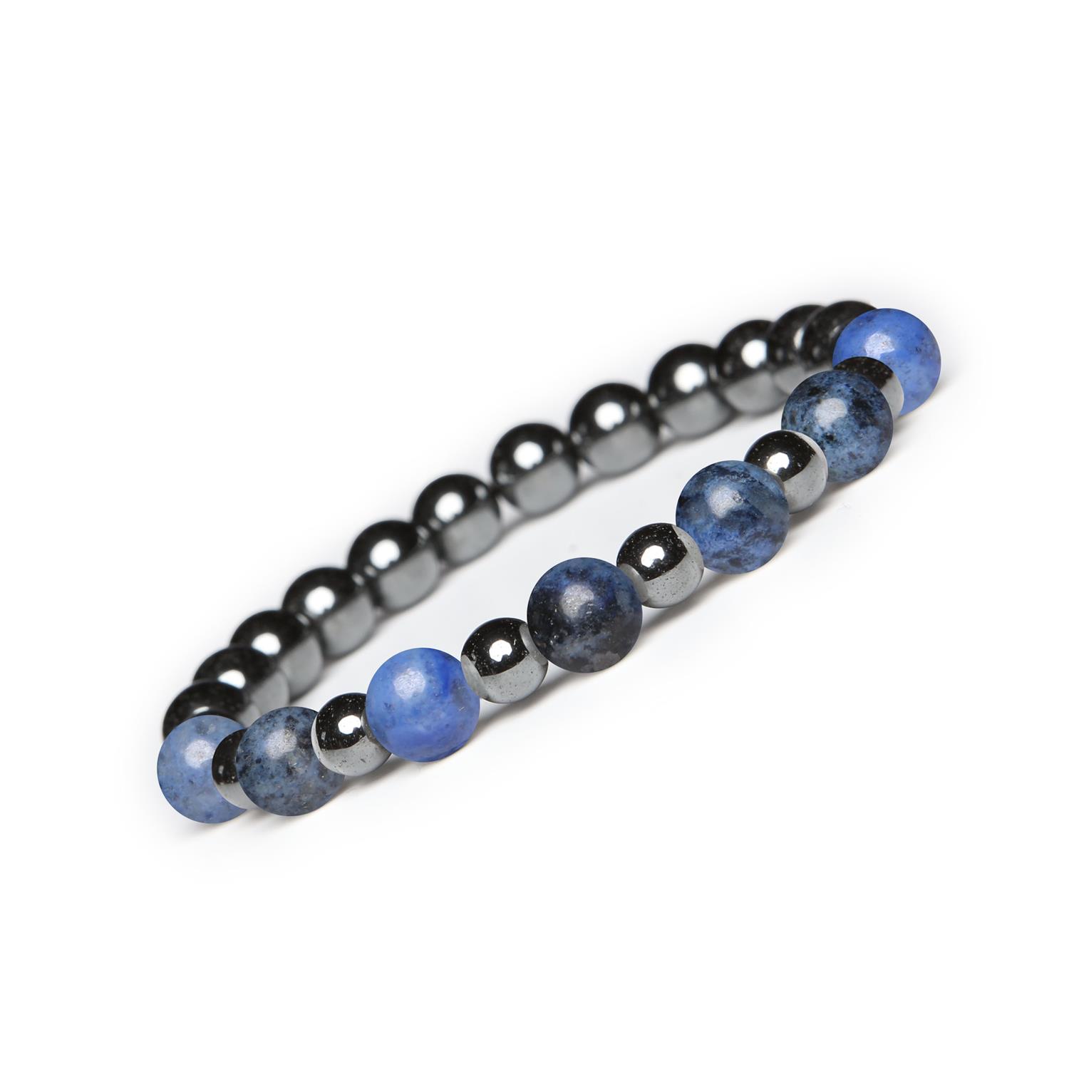 Bransoletka z kamieni naturalnych Dumortieryt i Hematyt grafitowy na gumce z kolekcji Mijaha dla Kobiet i Mężczy Stylowa bransoletka z dumortierytu i hematytu grafitowego z linii Mijaha, dla osób ceniących wyjątkowe połączenie kolorów i materiałów.