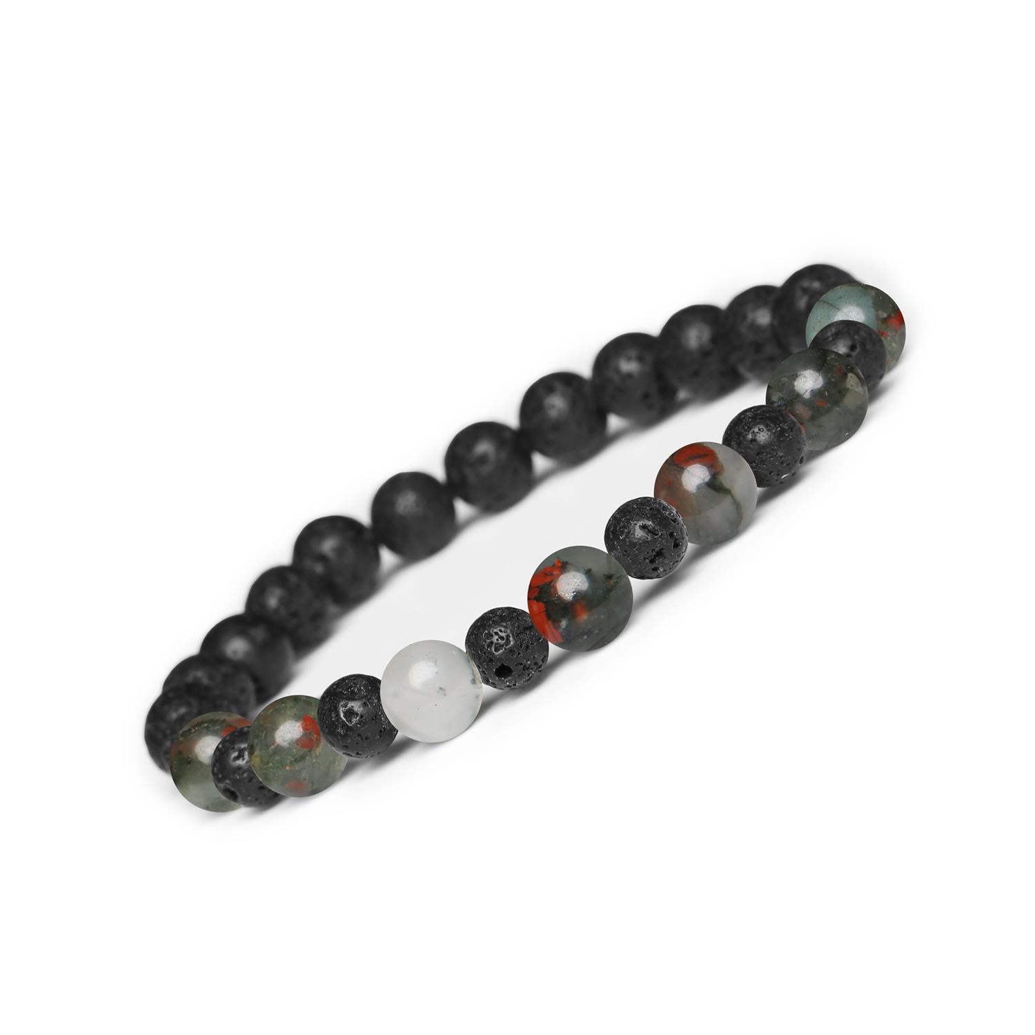 Bransoletka z kamieni naturalnych Heliotrop i Lawy Wulkanicznej na gumce z kolekcji Mijaha dla kobiet i mężczyzn Elegancki heliotrop na tle lawy wulkanicznej - idealny dodatek dla osób, które pragną wprowadzić do swojego życia moc natury.