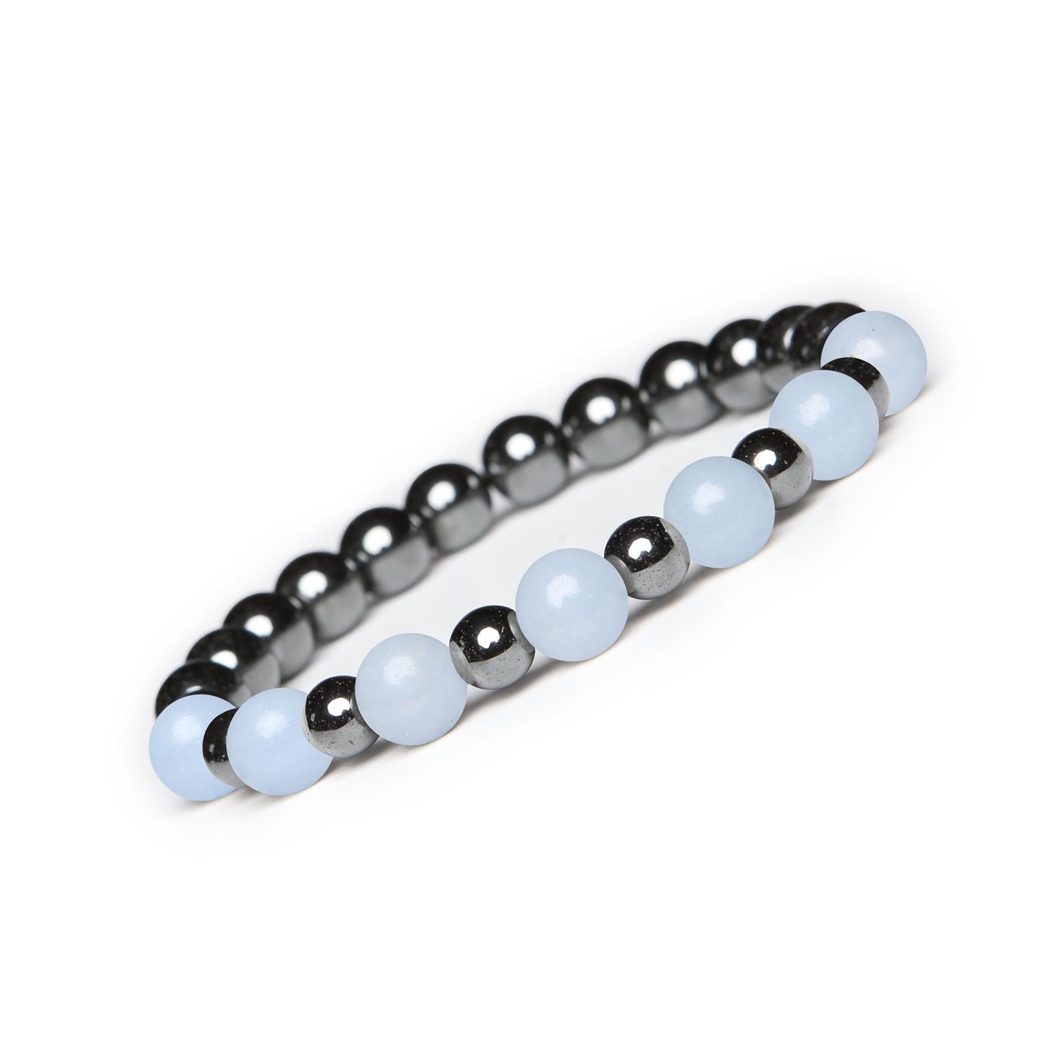 Bransoletka z kamieni naturalnych Mijaha - Angelit Peru i Hematyt grafitowy, idealna dla kobiet i mężczyzn Zestaw biżuterii Mijaha dla kobiet i mężczyzn, wykorzystujący naturalny angelit z Peru i oszałamiający hematyt grafitowy.