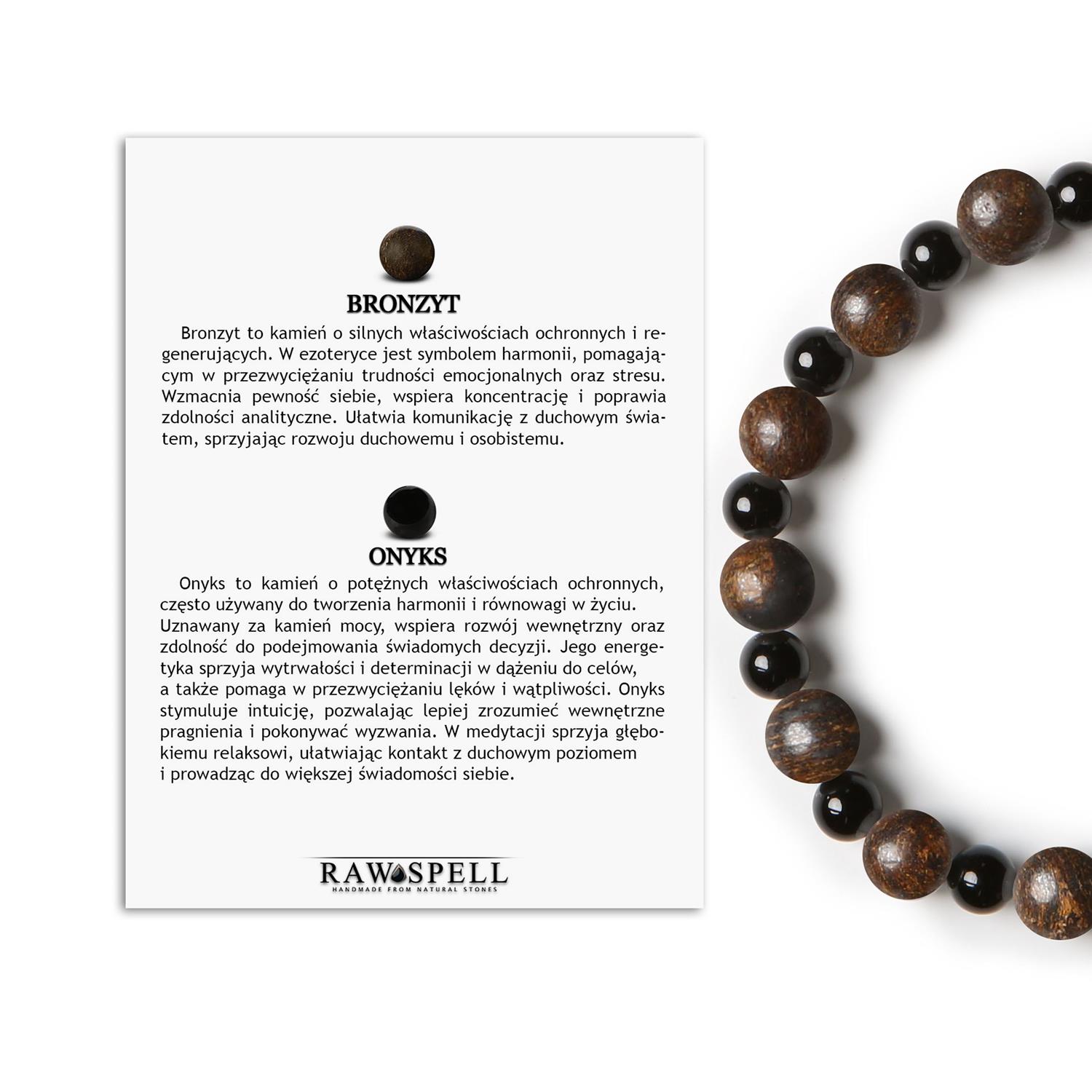 Bransoletka z kamieni naturalnych Mijaha - Bronzyt i Onyks, unisex na gumce Naturalna bransoletka Mijaha z bronzytem i onyksem, stworzona dla kobiet i mężczyzn