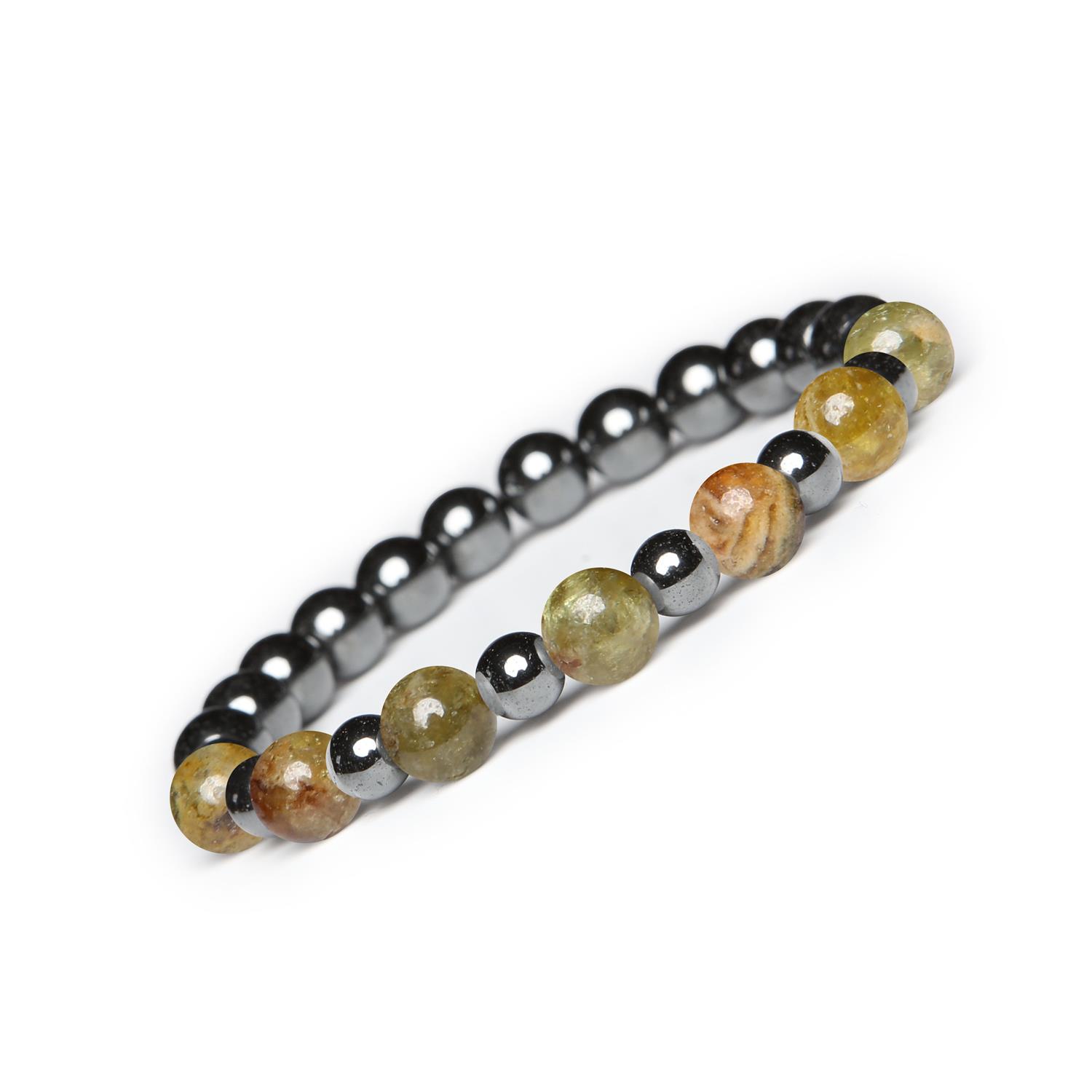 Bransoletka z kamieni naturalnych Mijaha - Granat Zielony i Hematyt grafitowy dla kobiet i mężczyzn Wyjątkowe akcesoria w granatowych i zielonych tonacjach z dodatkiem hematytu grafitowego, dostępne dla obu płci, z kolekcji Mijaha.