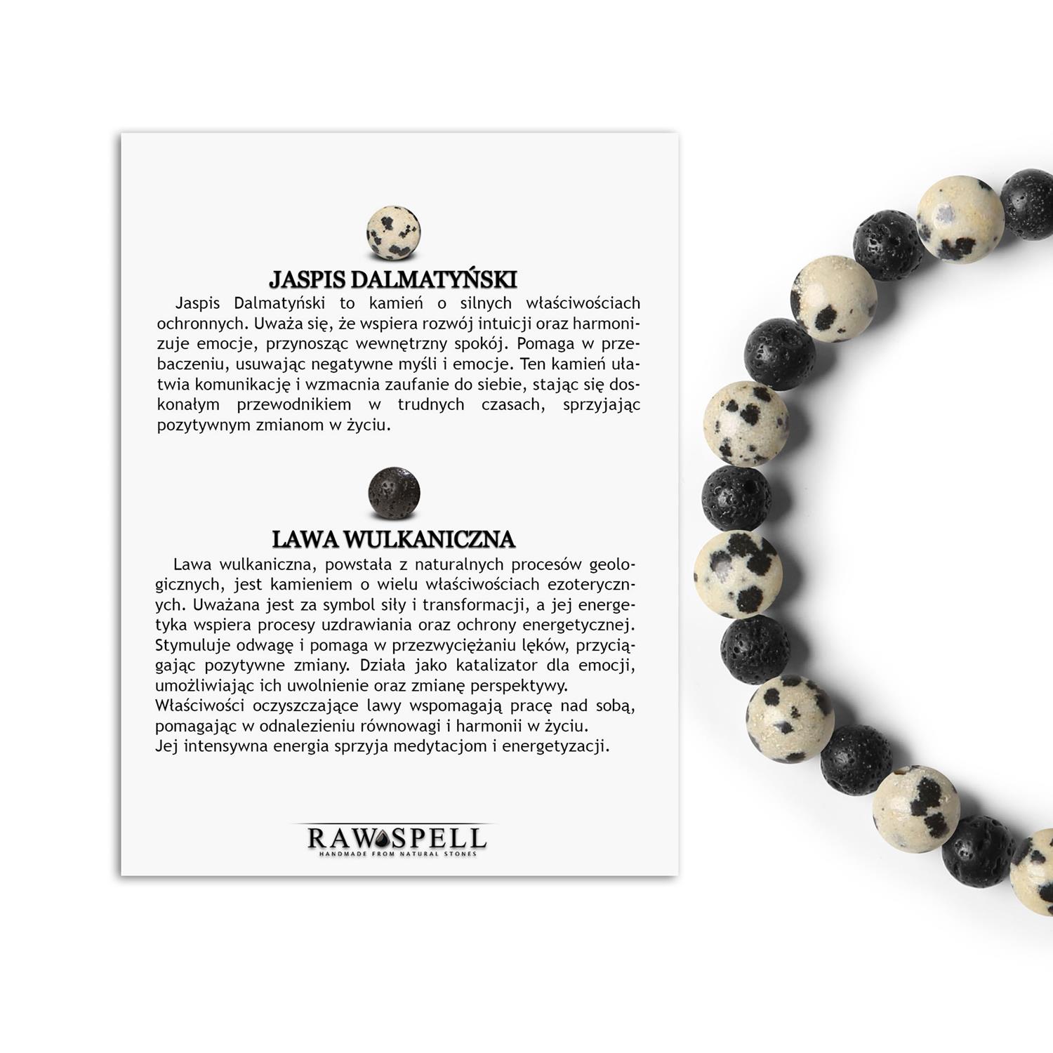 Bransoletka z kamieni naturalnych Mijaha - Jaspis Dalmatyński, Lawa Wulkaniczna, dostępna dla kobiet Biżuteria unisex z jaspisu dalmatyńskiego i lawy wulkanicznej - doskonały wybór dla każdego.