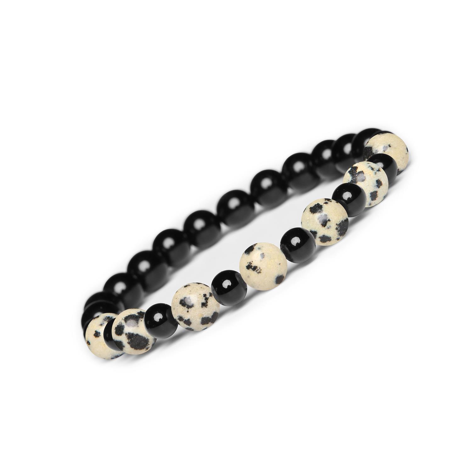 Bransoletka z kamieni naturalnych Mijaha - Jaspis Dalmatyński i Onyks, unisex Bransoletka z kolekcji Mijaha - Kamienie naturalne: Jaspis Dalmatyński i Onyks, dla każdego