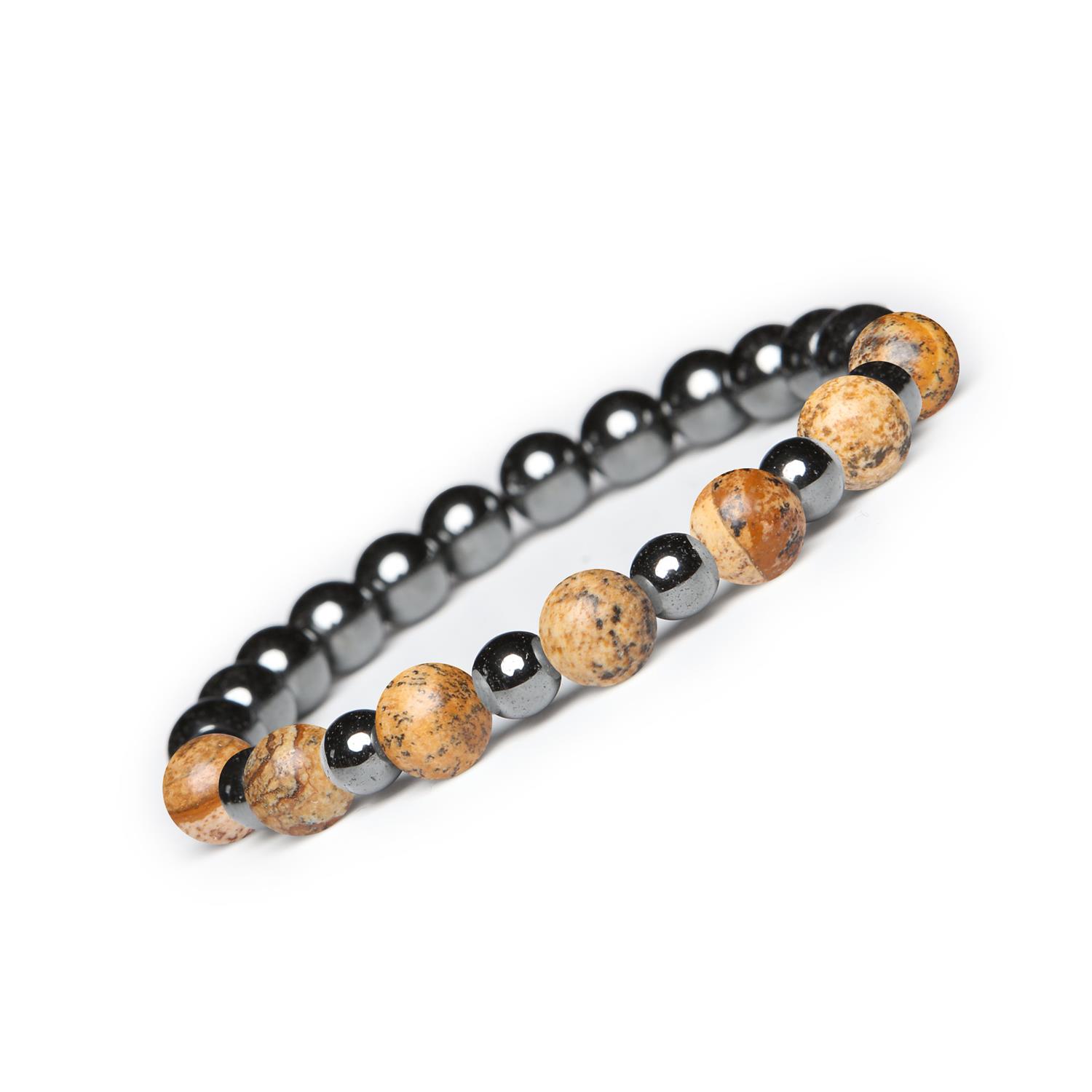 Bransoletka z kamieni naturalnych Mijaha - Jaspis Obrazkowy i Hematyt grafitowy dla Kobiet i Mężczyzn Kolekcja Mijaha: ręcznie wykonana biżuteria z jaspisem obrazkowym i hematytem grafitowym, dedykowana dla kobiet i mężczyzn.