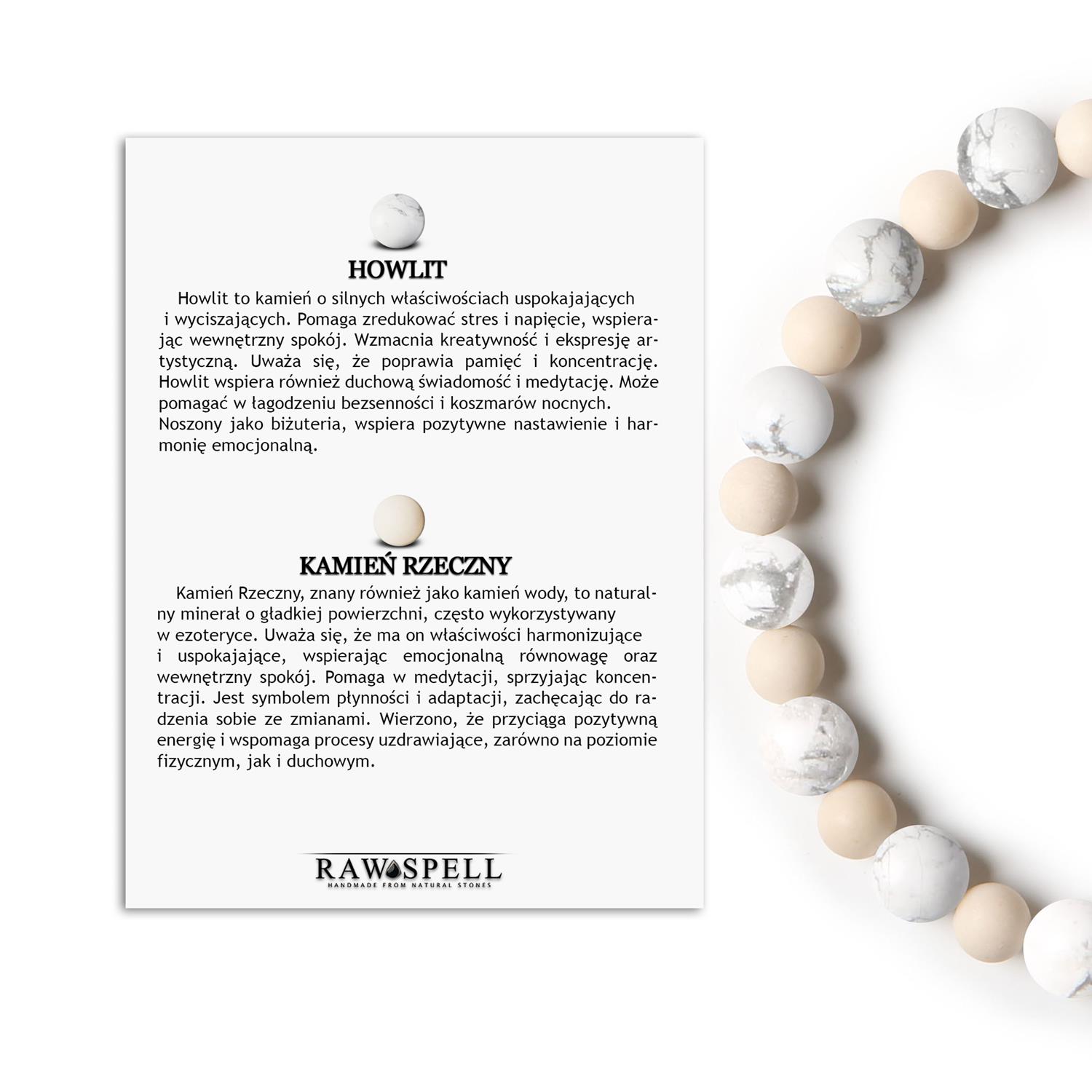 Bransoletka z kamieni naturalnych Mijaha z Howlit oraz Kamieniem Rzecznym, uniwersalna dla niego i dla niej Bransoletka z kolekcji Mijaha, zdobiona kamieniami naturalnymi: howlit i kamień rzeczny, uniwersalny dodatek dla kobiet i mężczyzn.