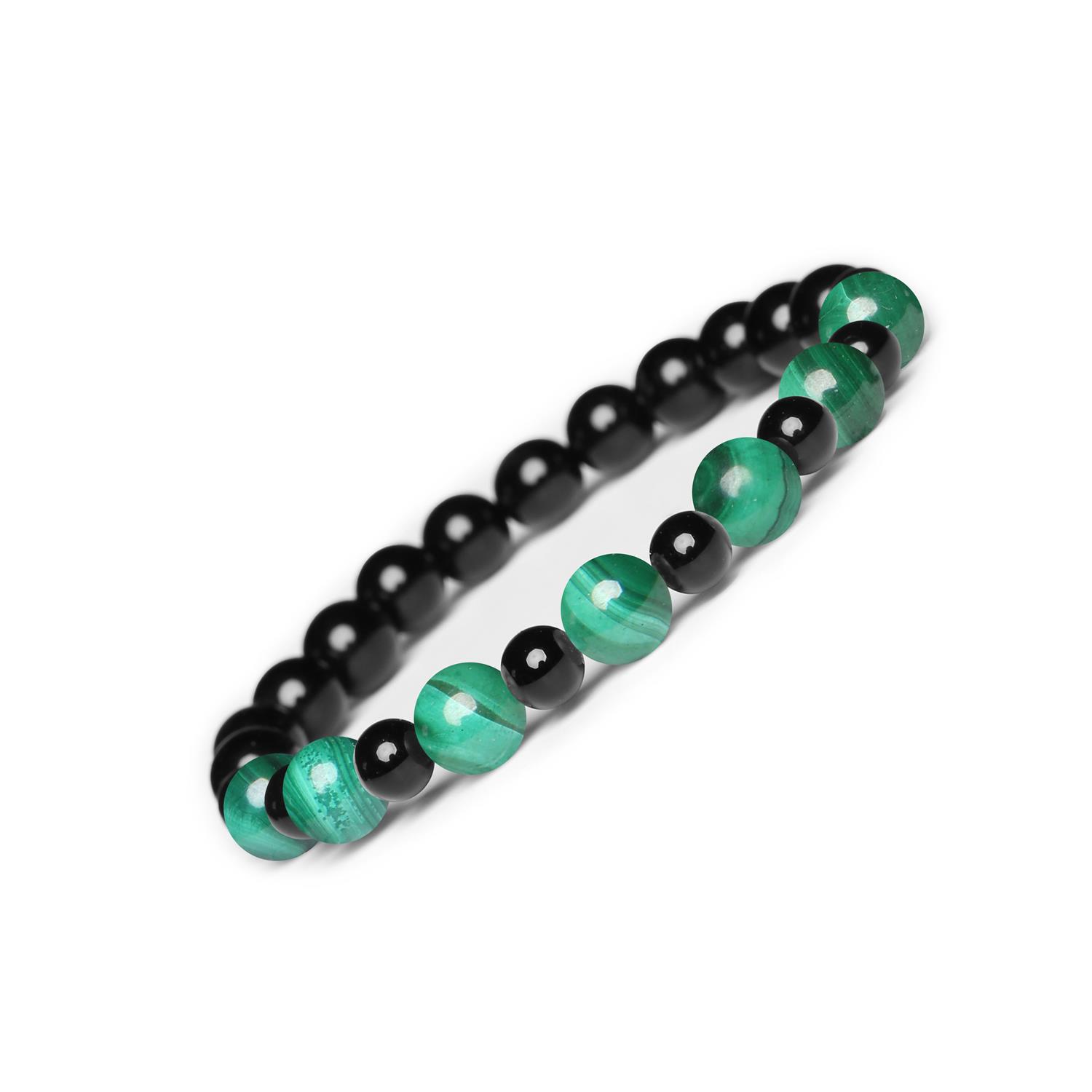 Bransoletka z kamieni naturalnych Mijaha z malachitem i onyksem dla kobiet i mężczyzn Elegancka bransoletka z malachitu i onyksu na gumce z kolekcji Mijaha, dla każdego
