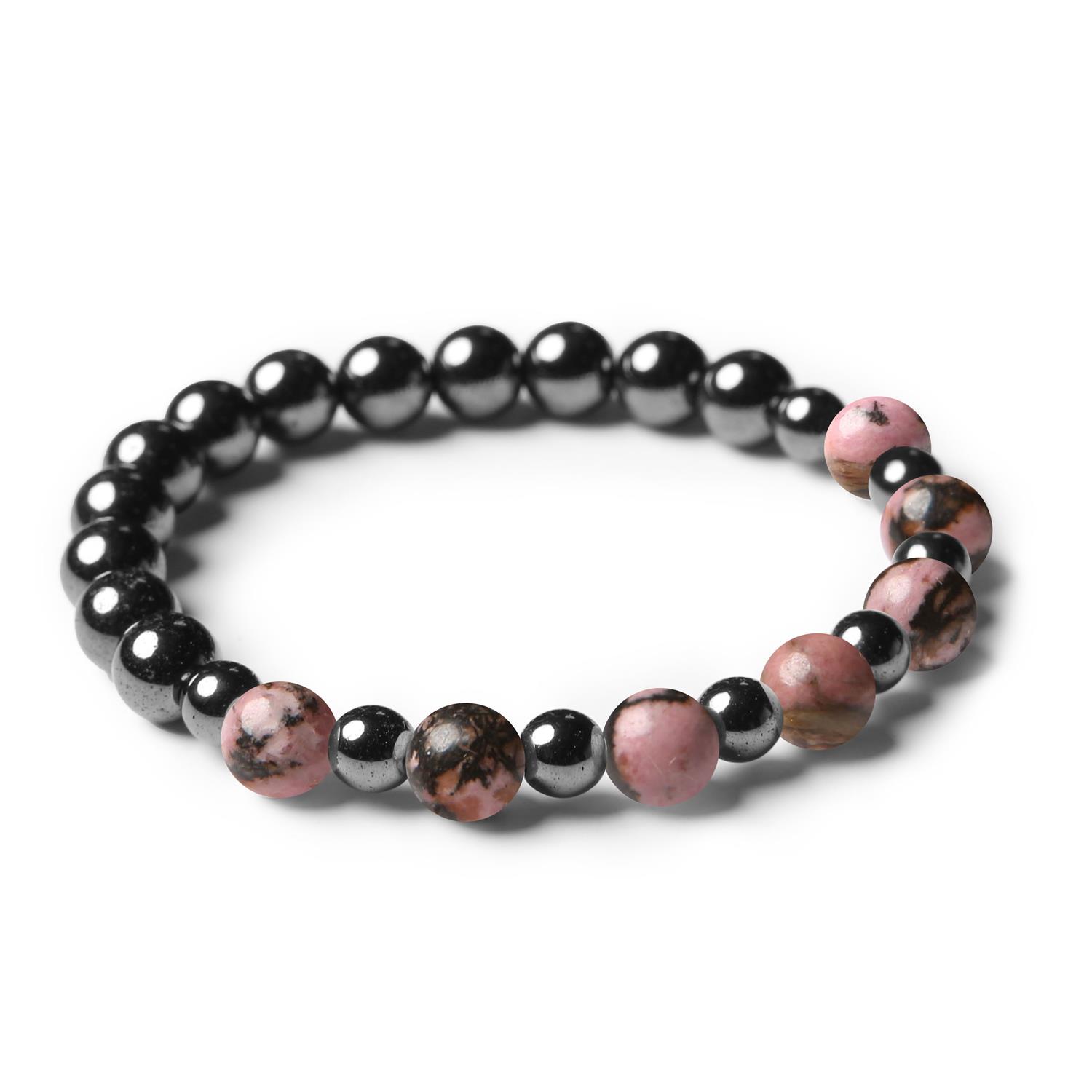 Bransoletka Mijaha z naturalnymi kamieniami: rodonit w kolorze różowo-czarnym oraz grafitowy hematyt, idealna dla kobiet i mężczyzn.