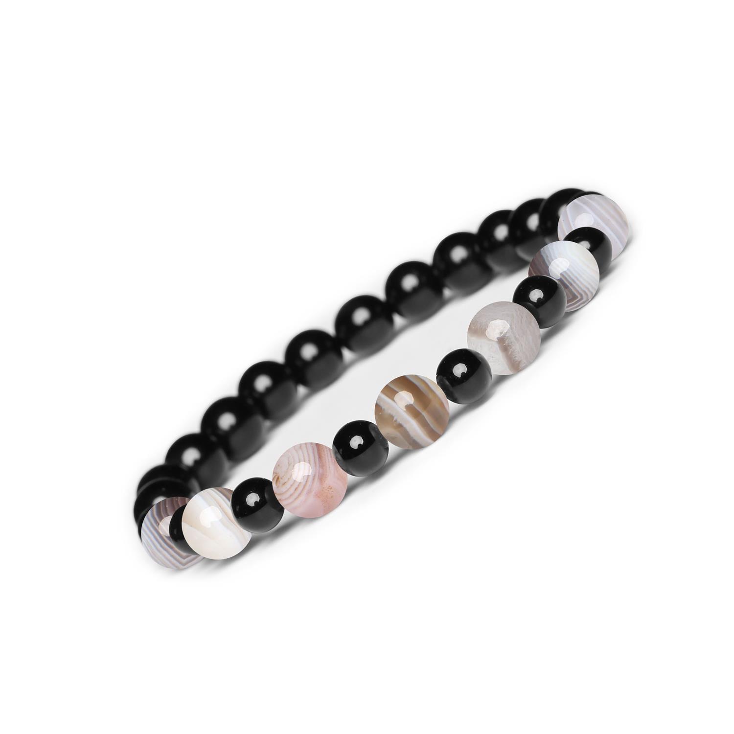 Bransoletka z kamieni naturalnych Mijaha – Agat Botswana i Onyks dla kobiet i mężczyzn Naturalna bransoletka na gumce Mijaha z Agatem Botswana i Onyksu – idealna dla kobiet i mężczyzn