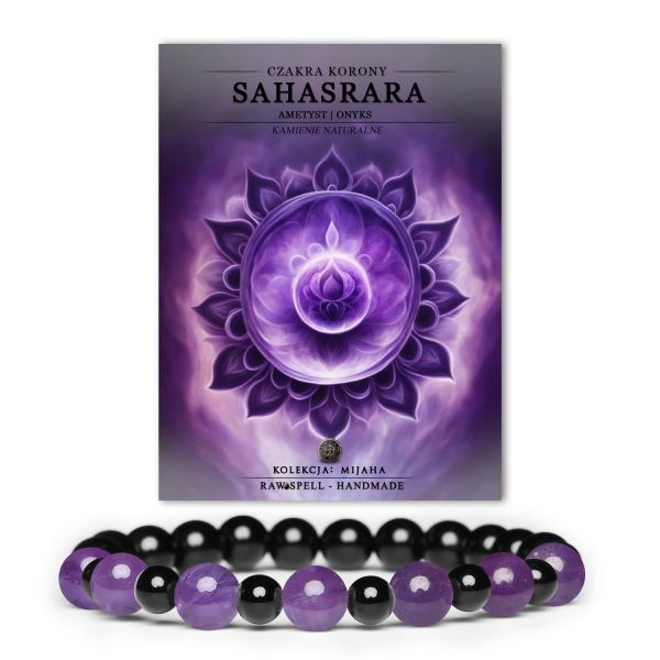Bransoletka Mijaha z ametystem i onyksami, inspirowana czakrą korony Sahasrara - naturalne piękno i energia w jednym.