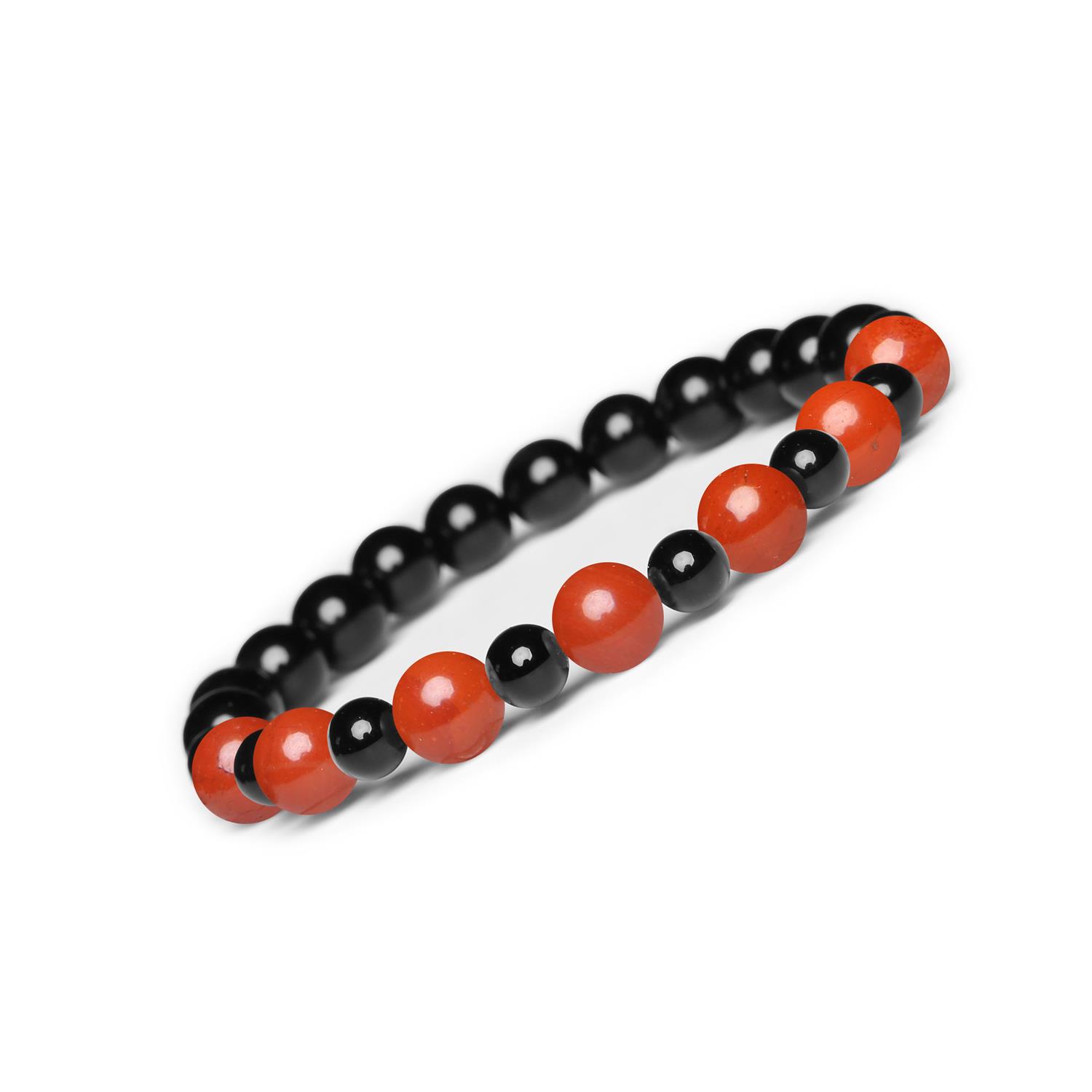 Bransoletka z kamieni naturalnych na gumce Jaspis Czerwony i Onyks z kolekcji Mijaha dla kobiet i mężczyzn Bransoletka z kolekcji Mijaha z naturalnymi kamieniami: jaspis czerwony i onyks, idealna dla kobiet i mężczyzn.