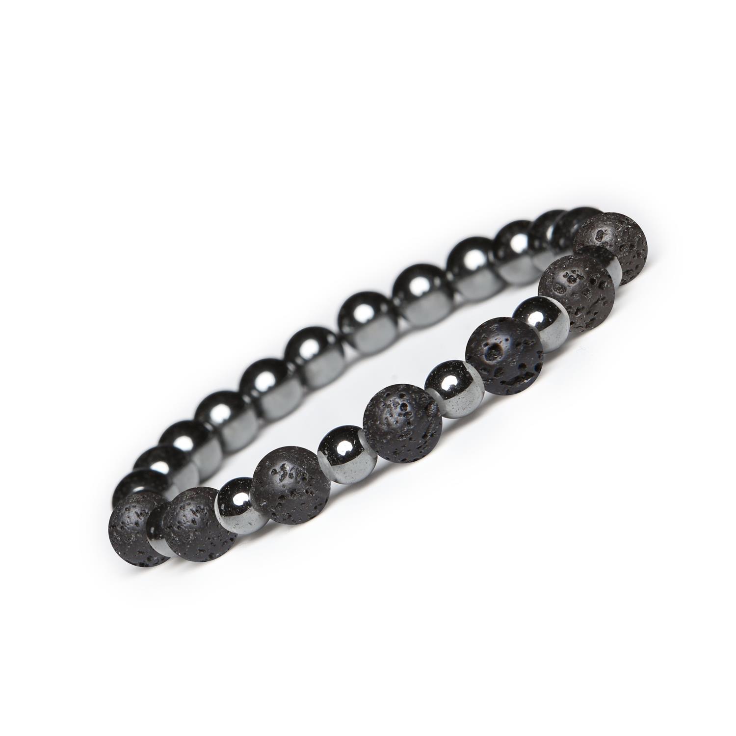 Bransoletka z kamieni naturalnych na gumce - Lawa Wulkaniczna i Hematyt grafitowy dla Kobiet i Mężczyzn Biżuteria z lawą wulkaniczną i hematytem grafitowym z kolekcji Mijaha, dedykowana dla kobiet i mężczyzn, oferująca unikalny design.