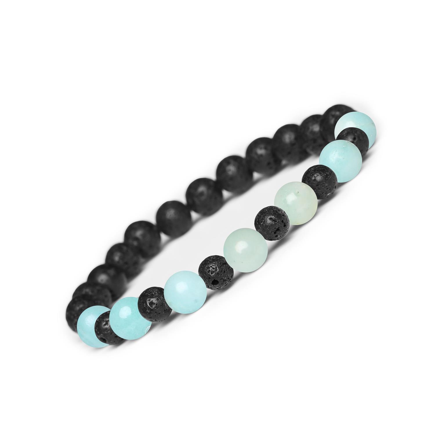 Bransoletka z kamieni naturalnych na gumce Mijaha - Amazonit Jasny i Lawa Wulkaniczna dla Kobiet Bransoletka Mijaha z naturalnymi kamieniami: jasny amazonit i lawa wulkaniczna, uniwersalny model dla kobiet i mężczyzn.