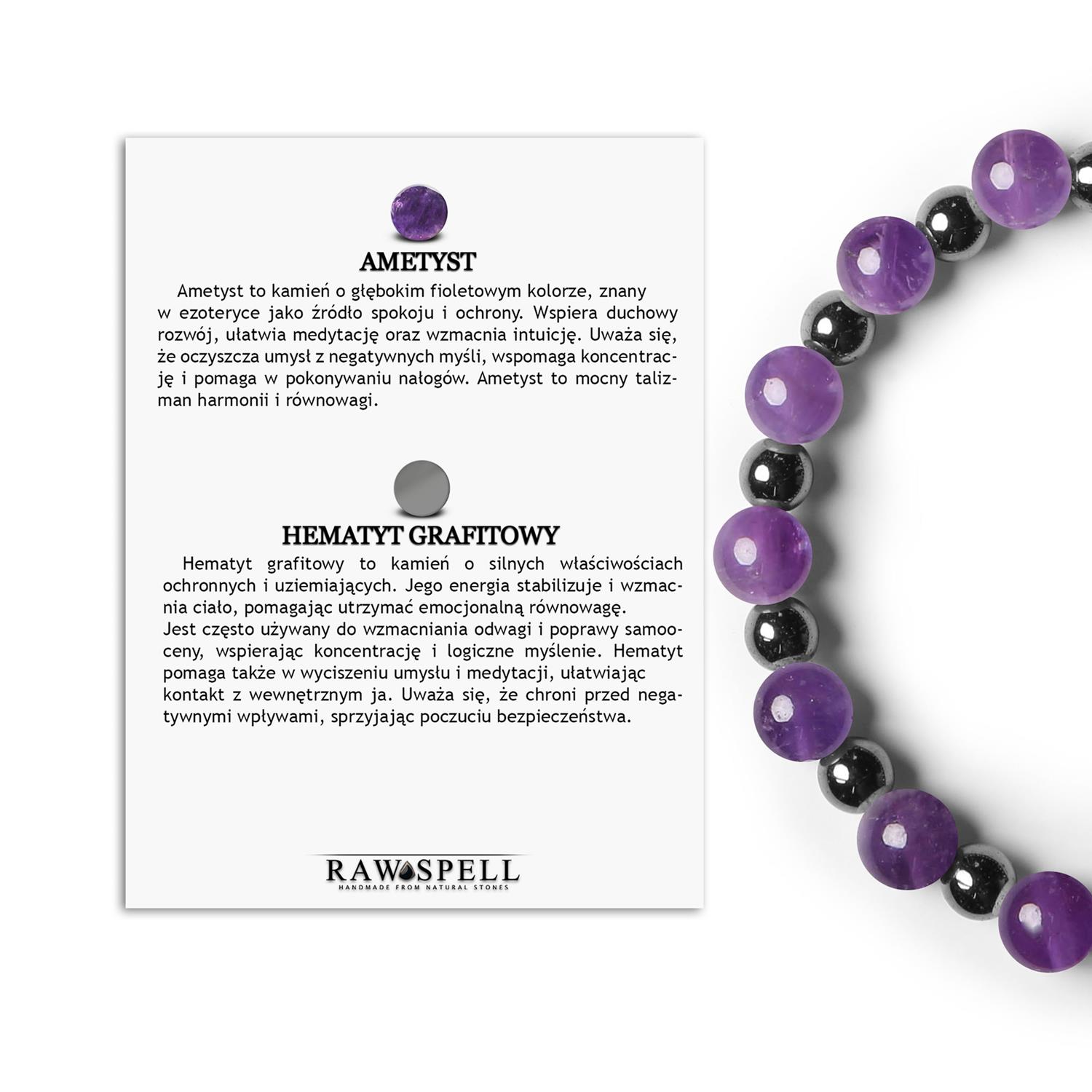 Bransoletka z kamieni naturalnych na gumce Mijaha - Ametyst i Hematyt grafitowy dla Kobiet i Mężczyzn Modna bransoletka Mijaha z ametystem i grafitowym hematytem, adresowana do kobiet i mężczyzn ceniących unikalną biżuterię.