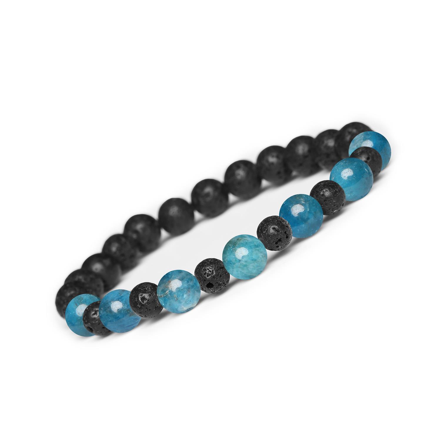 Bransoletka z kamieni naturalnych na gumce Mijaha - Apatyt i Lawa Wulkaniczna, dla Kobiet i Mężczyzn Elegancka bransoletka Mijaha z naturalnymi kamieniami – apatyt i lawa wulkaniczna, idealna dla kobiet i mężczyzn.