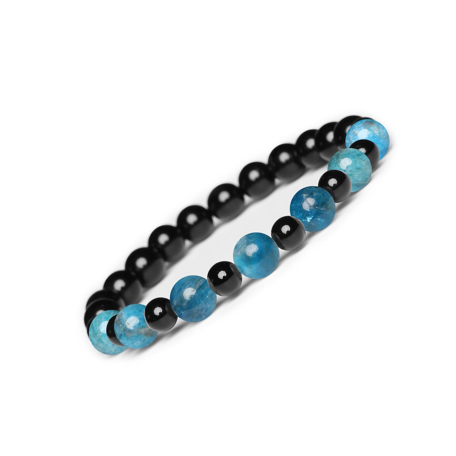 Bransoletka z kamieni naturalnych na gumce Mijaha - Apatyt i Onyks dla kobiet i mężczyzn Bransoletka Mijaha z naturalnych kamieni: apatyt i onyks, idealna dla kobiet i mężczyzn