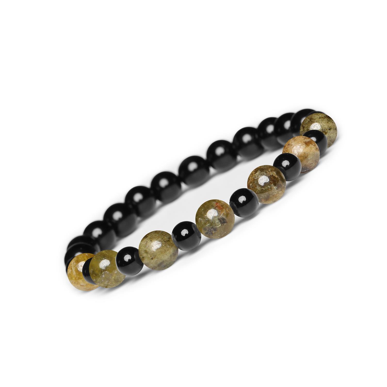 Bransoletka z kamieni naturalnych na gumce Mijaha - Granat Zielony, Onyks, dla Kobiet i Mężczyzn Unikalna bransoletka Mijaha z kamieni naturalnych na gumce - Granat Zielony oraz Onyks, stworzona dla kobiet i mężczyzn