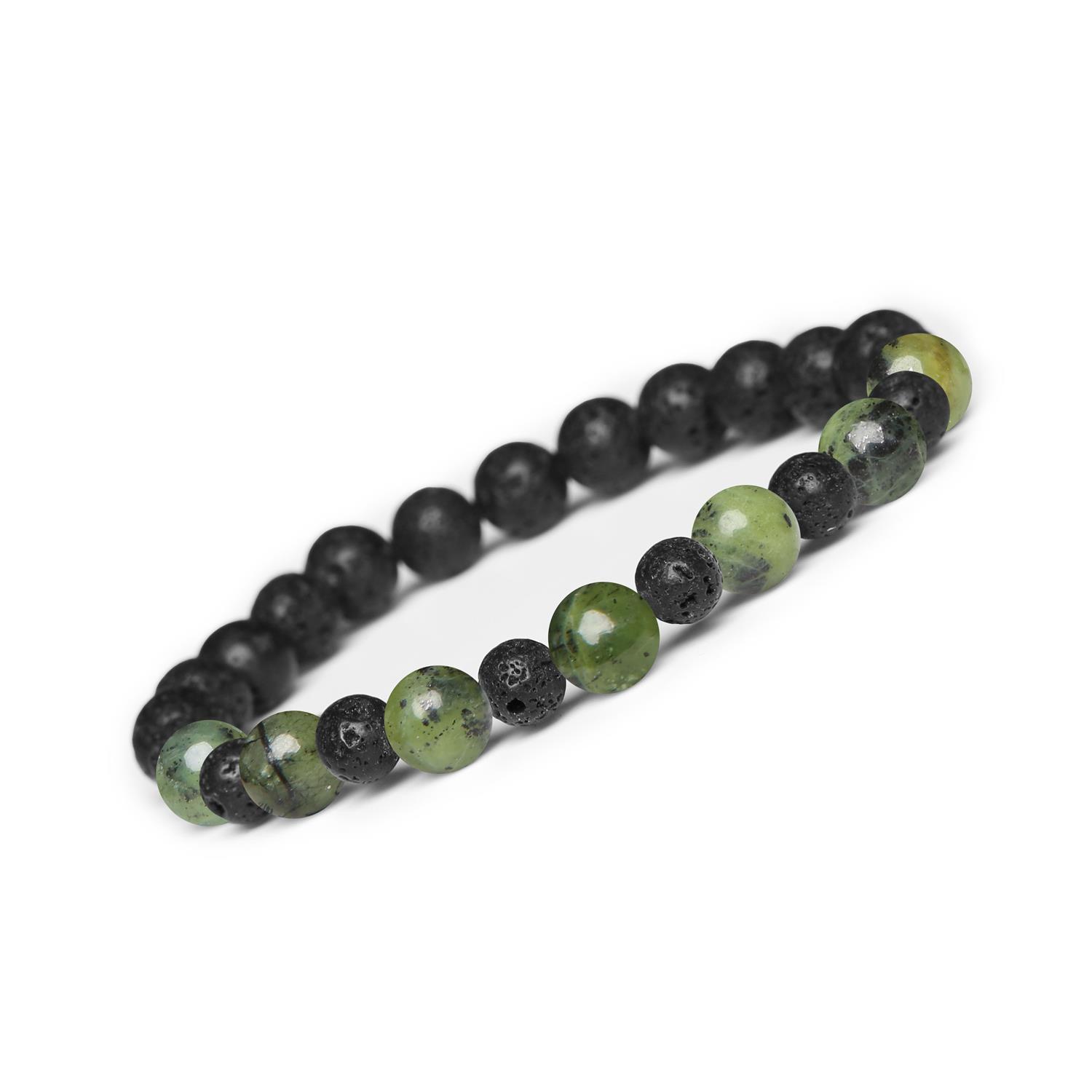 Bransoletka z kamieni naturalnych na gumce Mijaha - Jadeit Zielony i Lawa Wulkaniczna dla Kobiet i Mężczyzn Elegancka bransoletka złożona z jadeitu zielonego i lawy wulkanicznej, z kolekcji Mijaha, stworzona dla kobiet i mężczyzn.