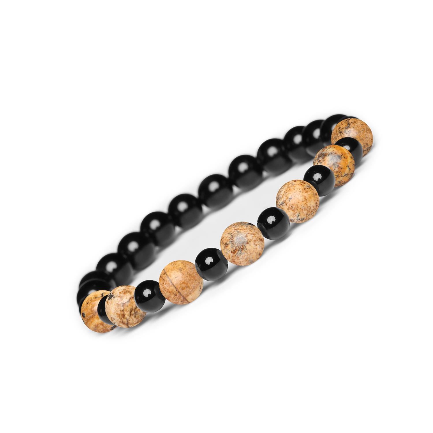 Bransoletka z kamieni naturalnych na gumce Mijaha - Jaspis Obrazkowy i Onyks dla kobiet i mężczyzn Unikalna bransoletka z kolekcji Mijaha – Jaspis Obrazkowy i Onyks, idealna dla kobiet i mężczyzn