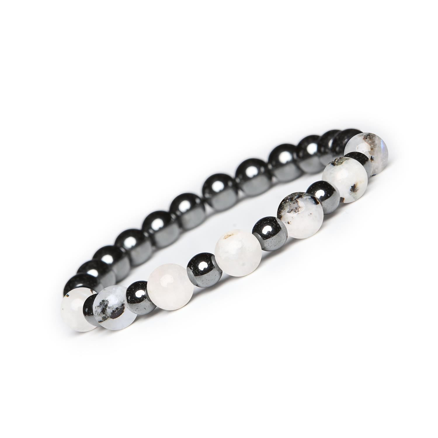 Bransoletka z kamieni naturalnych na gumce Mijaha - Kamień Księżycowy Łaciaty i Hematyt gra Kamień Księżycowy Łaciaty i Hematyt grafitowy, biżuteria z kolekcji Mijaha dla kobiet i mężczyzn. Elegancki design z naturalnych kamieni.