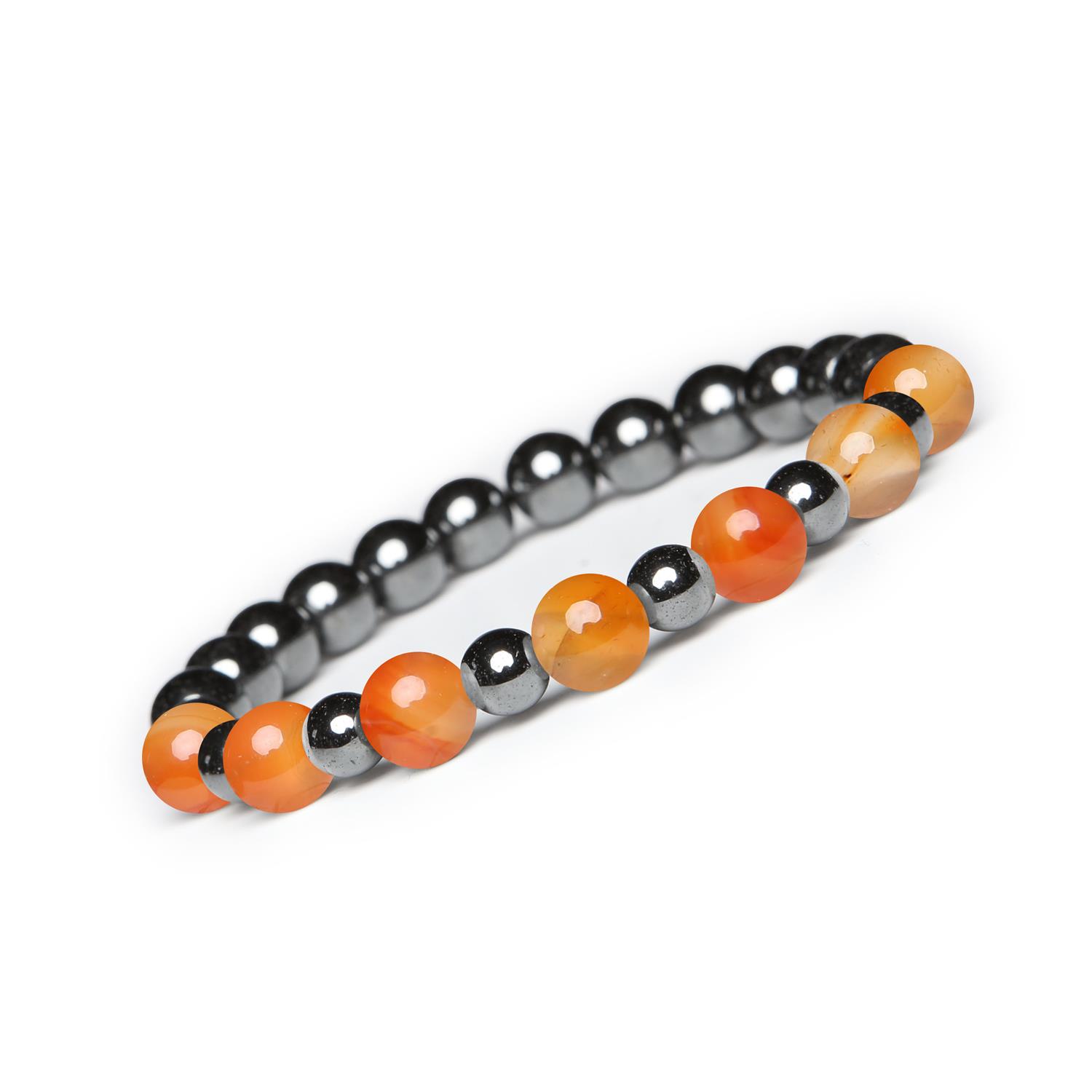 Bransoletka z kamieni naturalnych na gumce - Mijaha, Karneol i Hematyt grafitowy dla kobiet i mężczyzn Biżuteria Mijaha: Kolczyki z karneolu i hematytu grafitowego, idealne dla kobiet i mężczyzn.