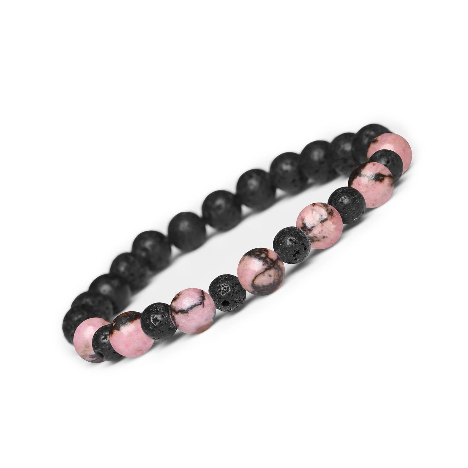 Bransoletka z kamieni naturalnych na gumce Mijaha - Rodonit Różowo-Czarny i Lawa Wulkaniczna Bransoletka Mijaha z kamieni naturalnych - Rodonit różowo-czarny i lawa wulkaniczna - idealna dla kobiet i mężczyzn.