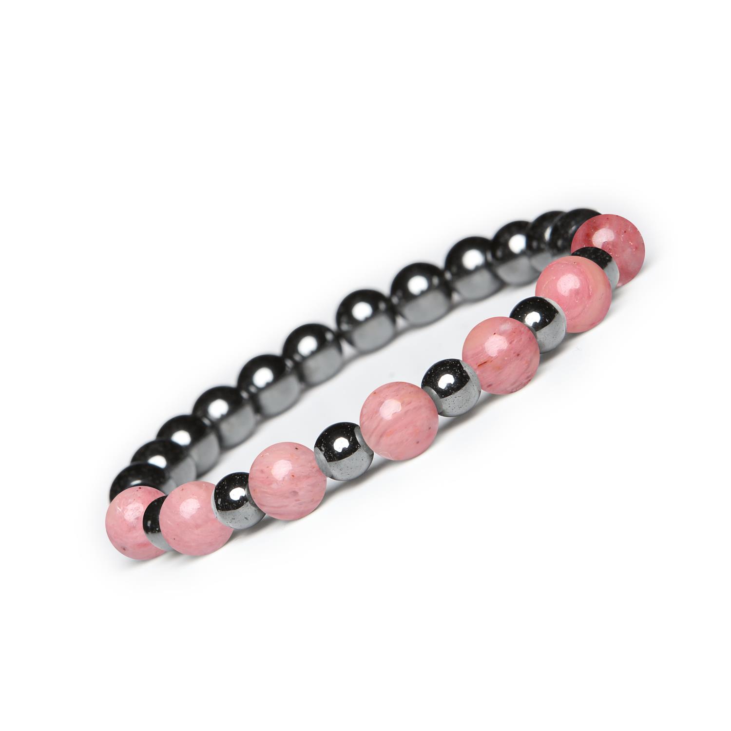 Bransoletka z kamieni naturalnych na gumce Mijaha - Rodonit Różowy i Hematyt grafitowy dla Kobiet i Mężczyzn Kolekcja Mijaha: pierścionek z rodonitu różowego i hematytu grafitowego stworzony z myślą o kobietach i mężczyznach.