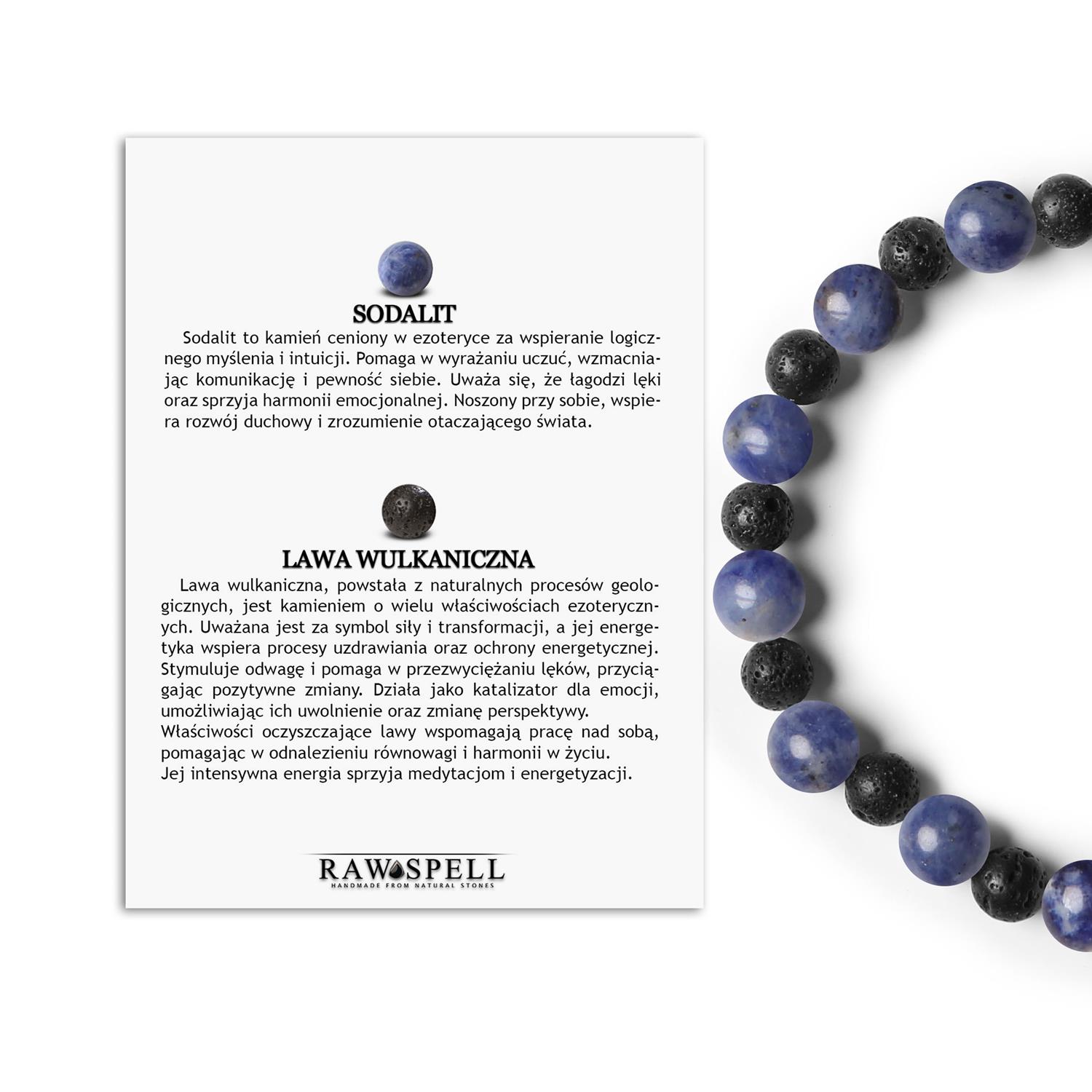 Bransoletka z kamieni naturalnych na gumce Mijaha - Sodalit i Lawa Wulkaniczna dla Kobiet i Mężczyzn Unikalna bransoletka Mijaha z kamieniami sodalitu i lawy wulkanicznej, przeznaczona dla kobiet i mężczyzn.