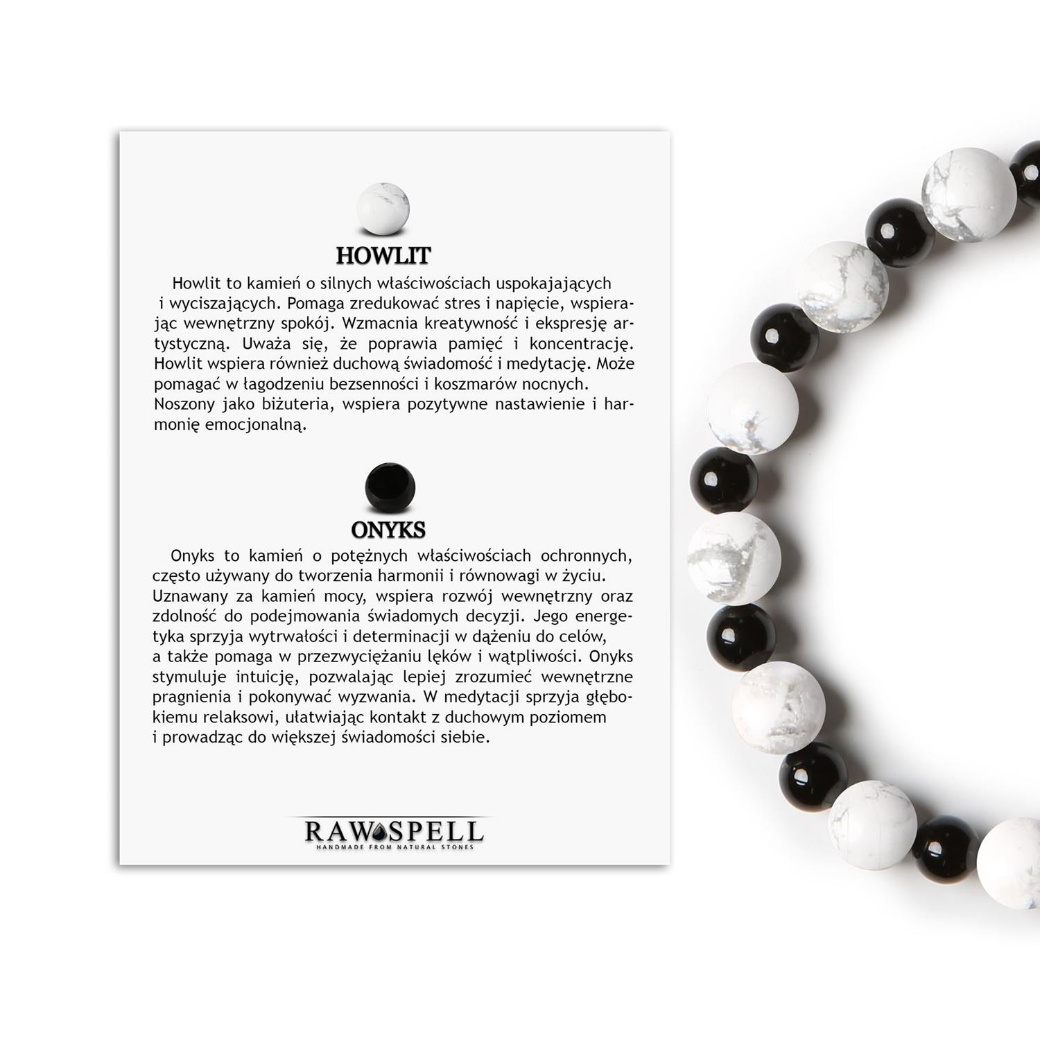 Bransoletka z kamieni naturalnych na gumce Mijaha - piękny Howlit i Onyks, stworzona dla Kobiet i Mężczyzn Naturalna bransoletka na gumce z Howlitem i Onyksami z kolekcji Mijaha, dla Kobiet i Mężczyzn