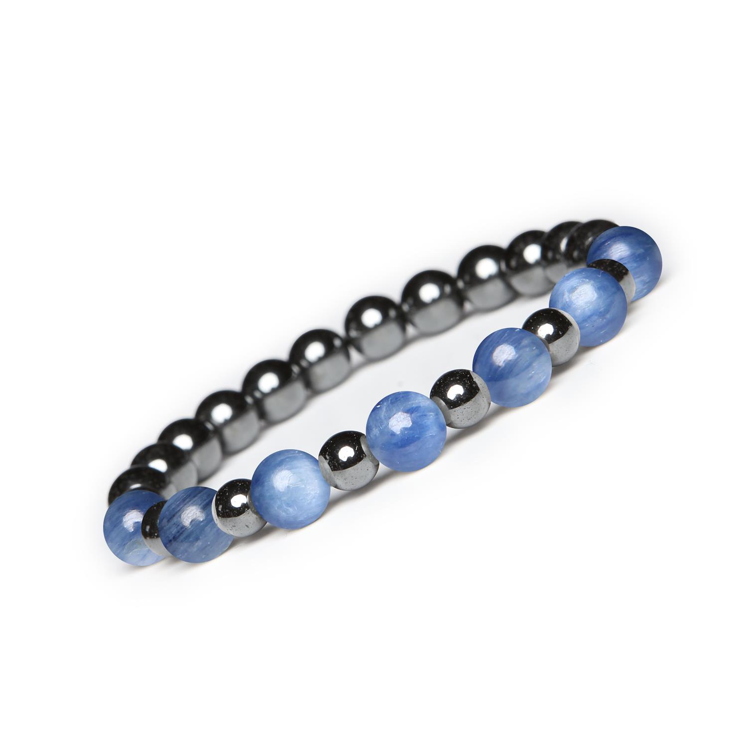 Bransoletka z kamieni naturalnych na gumce Mijaha z kyanitem i hematytem grafitowym dla kobiet i mężczyzn Kyanit i Hematyt grafitowy w kolekcji Mijaha - eleganckie dodatki dla kobiet i mężczyzn, które podkreślają indywidualizm i klasę.