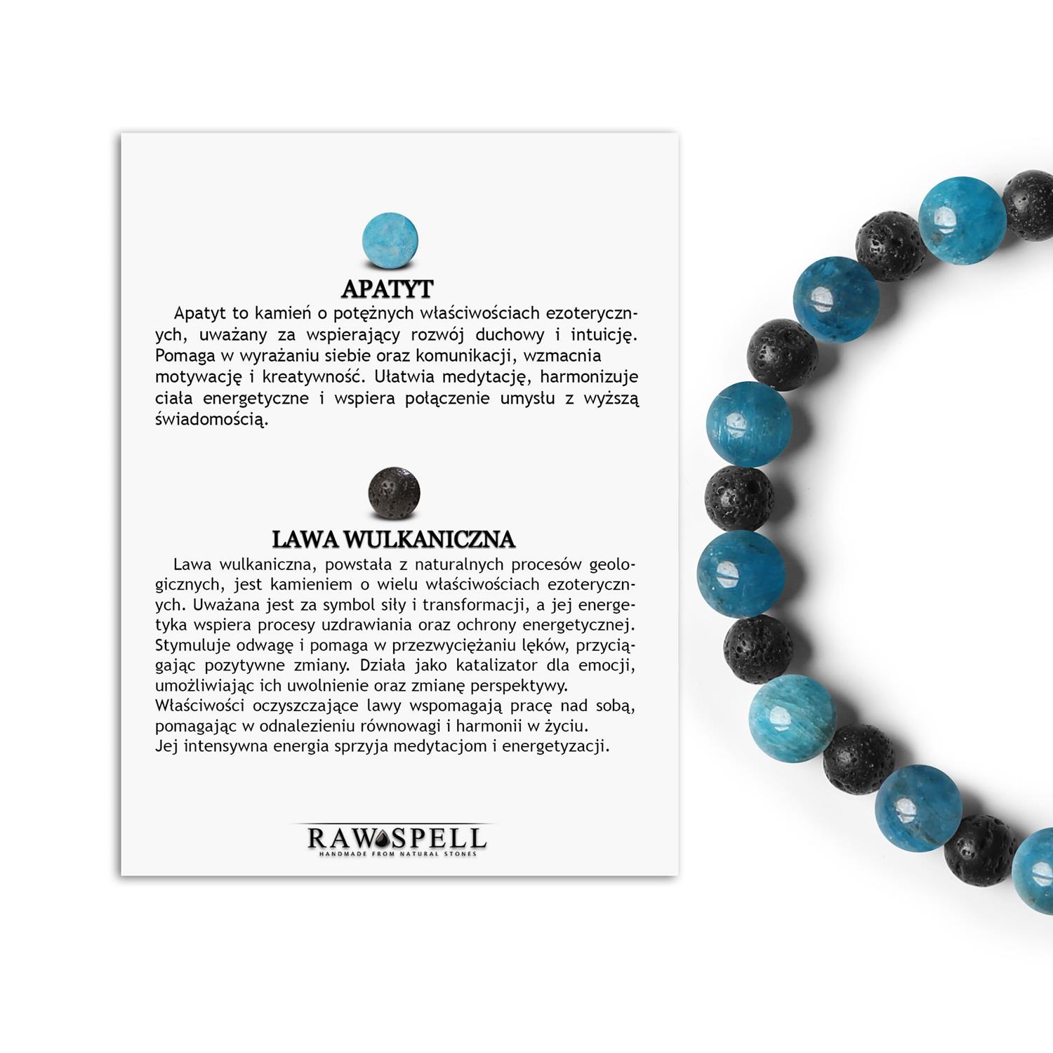 Bransoletka z kamieni naturalnych na gumce Mijaha – Apatyt, Lawa Wulkaniczna, dla kobiet i mężczyzn Bransoletka z kolekcji Mijaha z naturalnymi kamieniami: apatyt i lawa wulkaniczna, unisex.