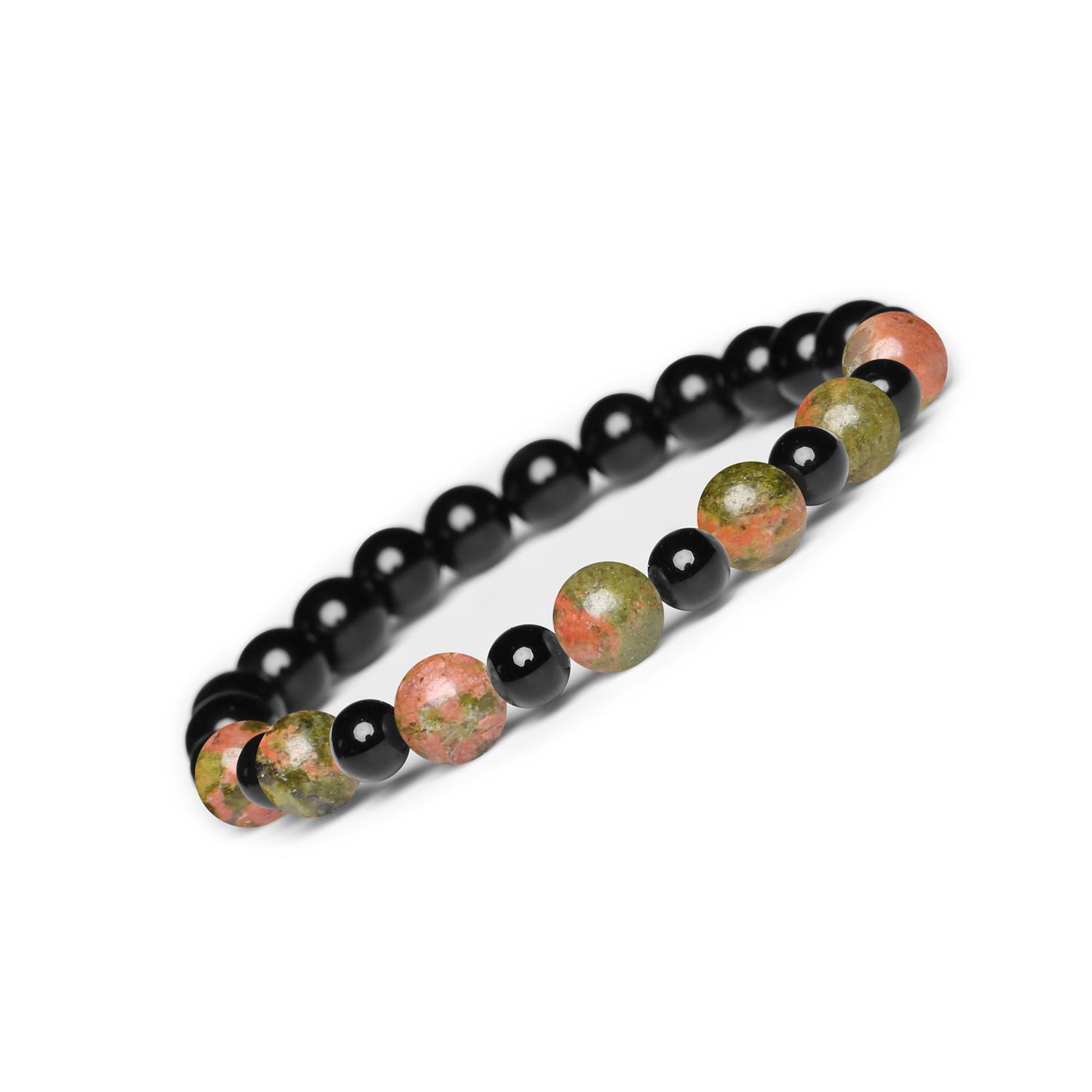 Bransoletka z kamieni naturalnych na gumce - Unakit i Onyks, kolekcja Mijaha, dla kobiet i mężczyzn Kolekcja Mijaha: bransoletka z unakitem i onyksem, idealna dla kobiet i mężczyzn