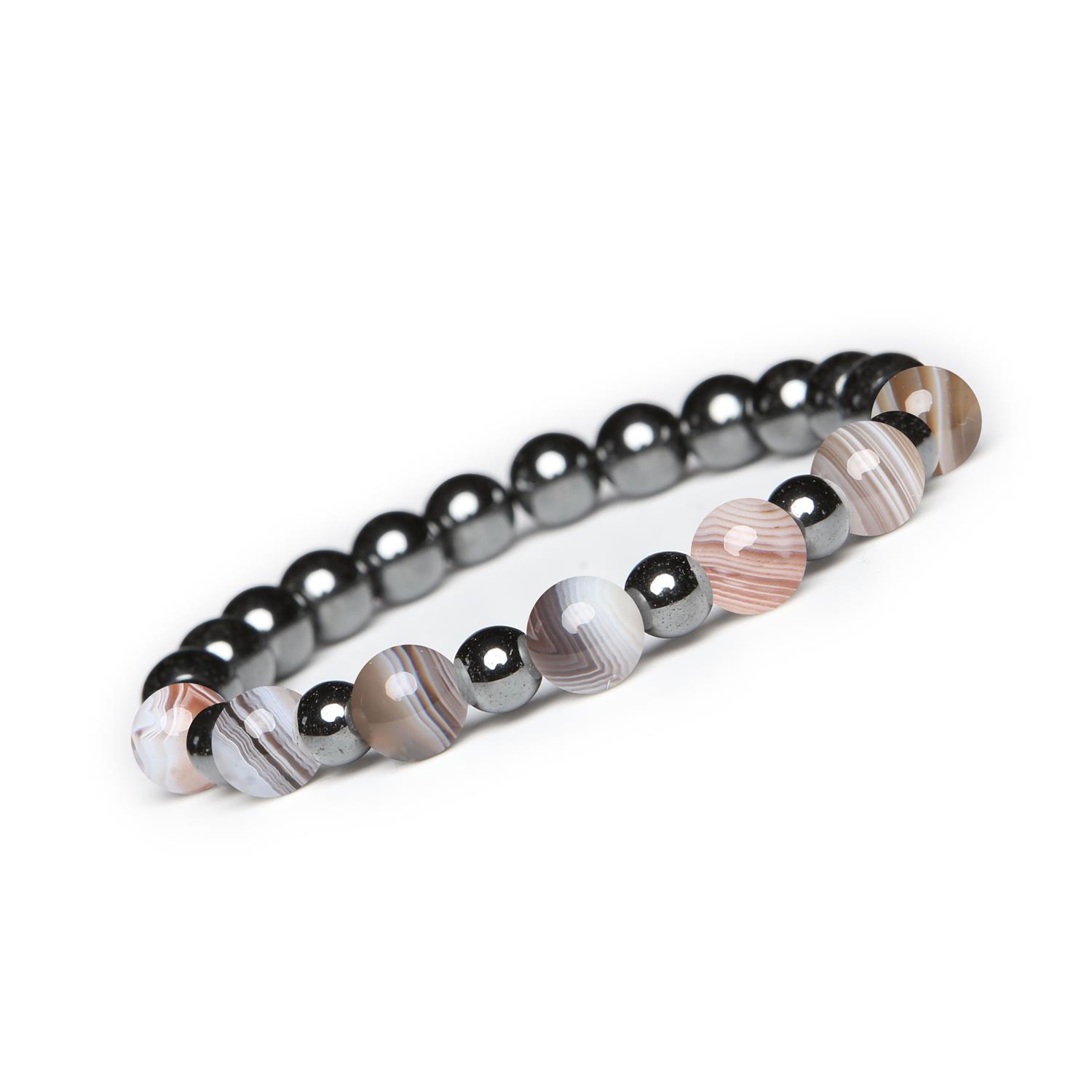 Bransoletka z kamieni naturalnych na gumce z kolekcji Mijaha - Agat Botswana i Hematyt grafitowy dl Biżuteria z Agatu Botswana i Hematytu grafitowego, kolekcja Mijaha dla kobiet i mężczyzn.