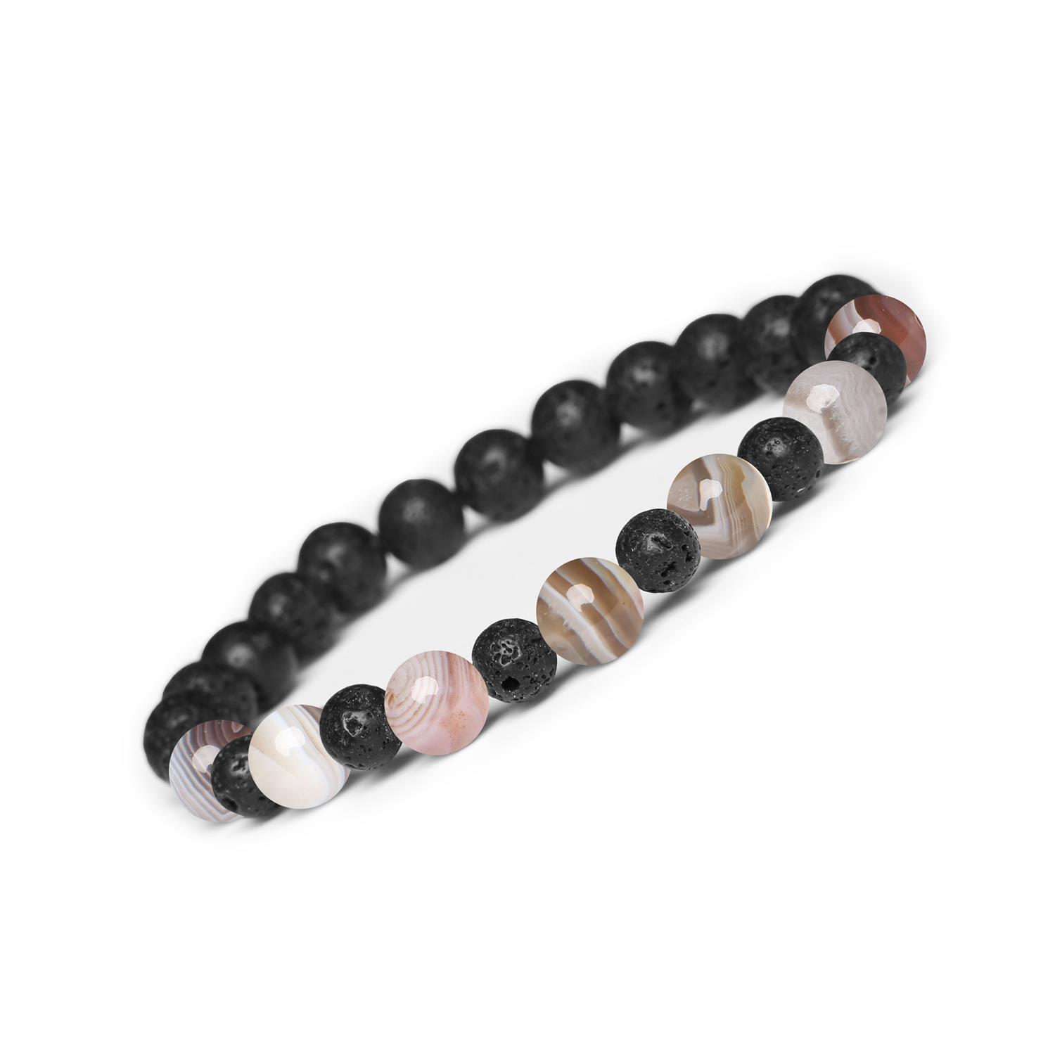 Bransoletka z kamieni naturalnych na gumce z kolekcji Mijaha - Agat Botswana i Lawa Wulkaniczna Stylowa bransoletka z kolekcji Mijaha – połączenie Agatu Botswanowego i Lawy Wulkanicznej, unisex.