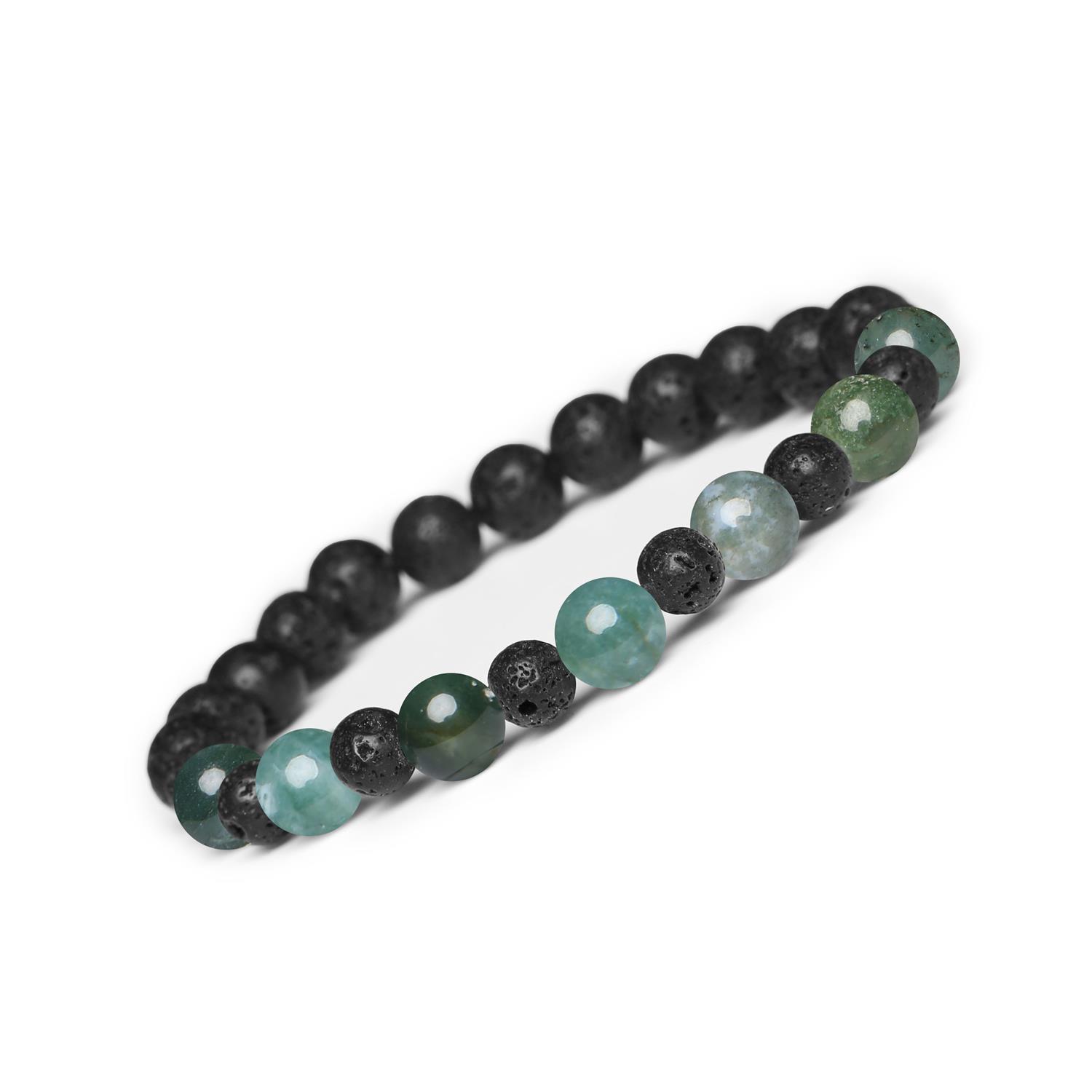 Bransoletka z kamieni naturalnych na gumce z kolekcji Mijaha - Agat Mszysty i Lawa Wulkaniczna, ide Stylowa bransoletka z kolekcji Mijaha, wykonana z agatu mszystego i lawy wulkanicznej, uniwersalny dodatek dla kobiet i mężczyzn.