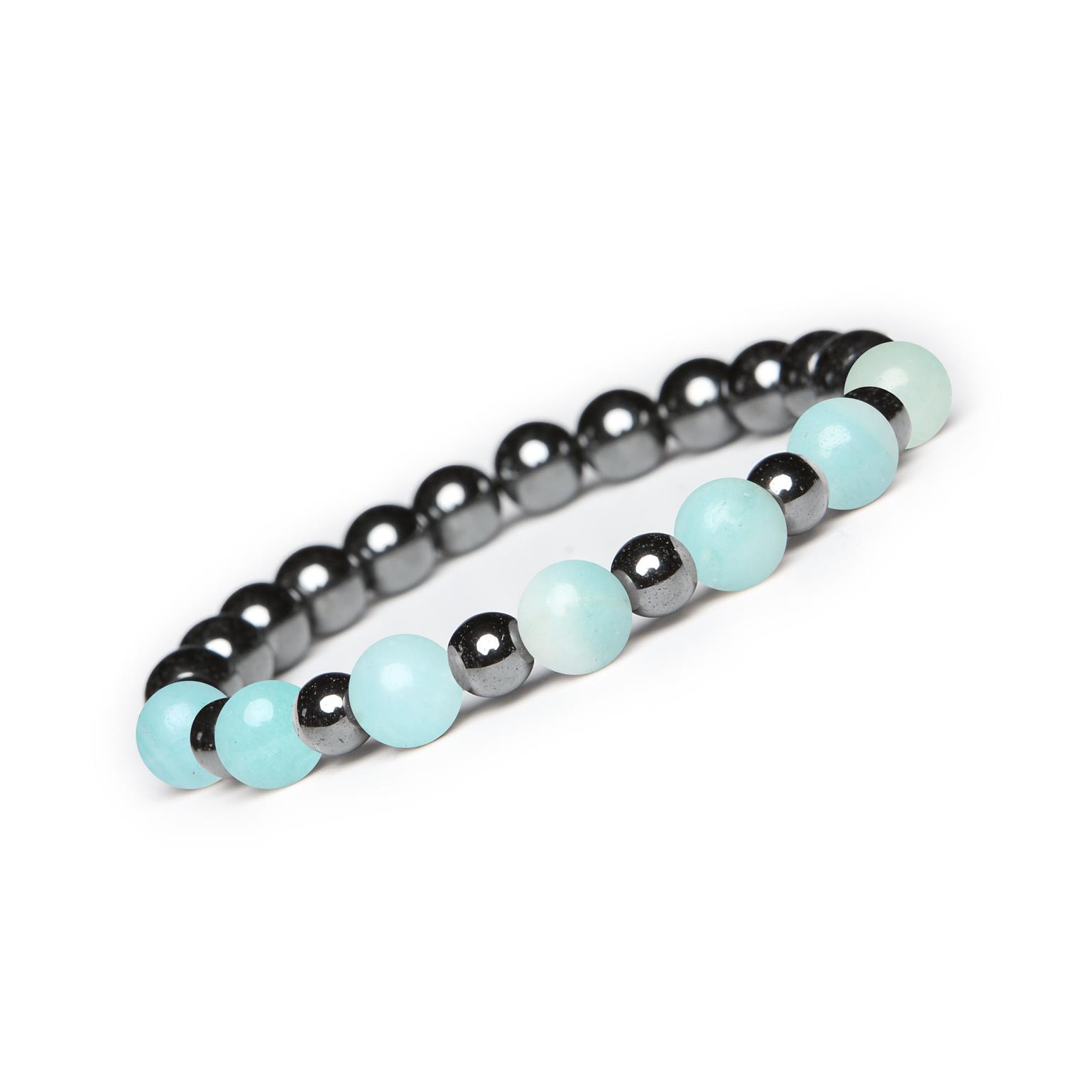 Bransoletka z kamieni naturalnych na gumce z kolekcji Mijaha - Amazonit Jasny i Hematyt grafitowy dl Biżuteria Mijaha: jasny amazonit i grafitowy hematyt, elegancka kolekcja dla kobiet i mężczyzn.