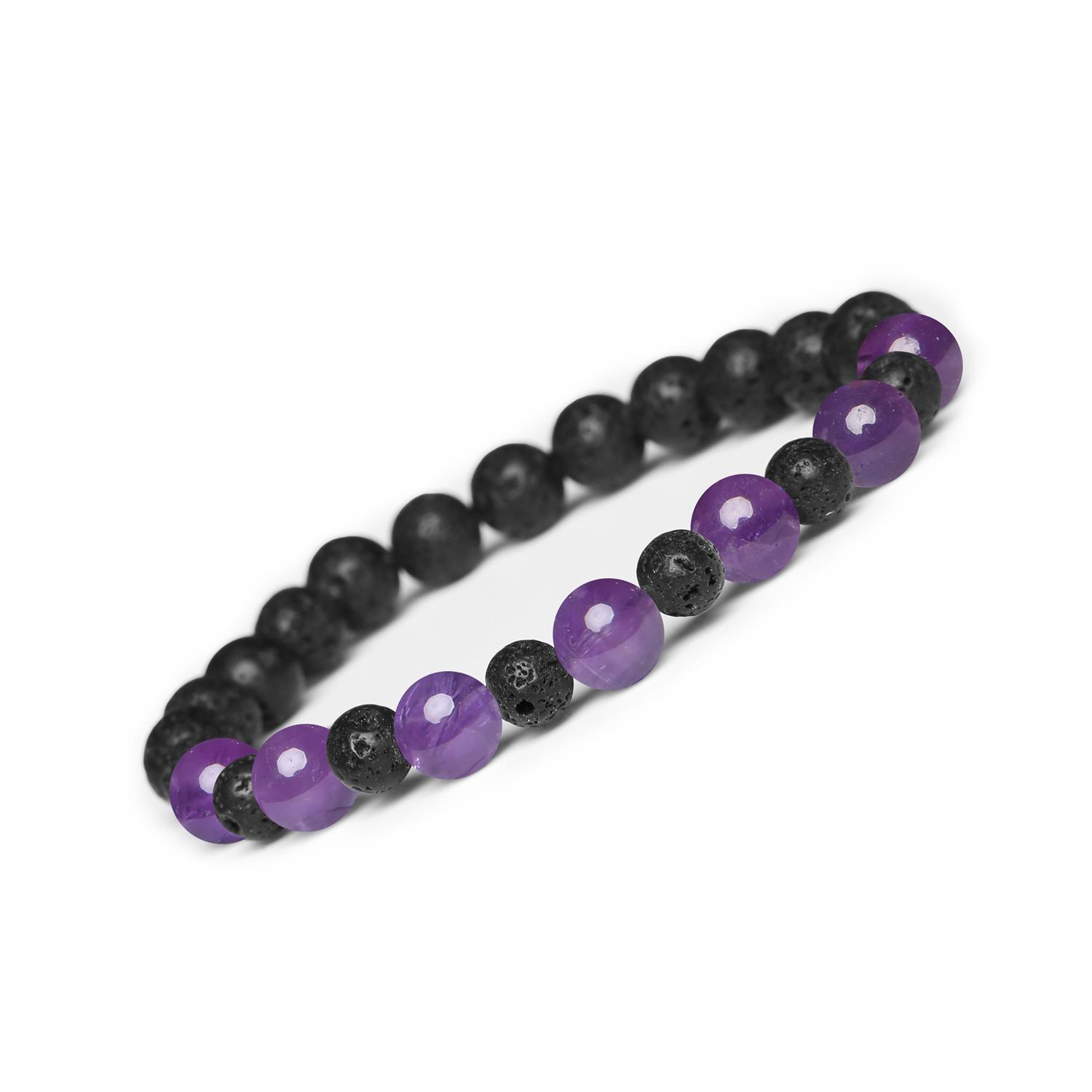 Bransoletka z kamieni naturalnych na gumce z kolekcji Mijaha - Ametyst i Lawa Wulkaniczna dla Kobiet i Mę Bransoletka z kolekcji Mijaha z naturalnymi kamieniami: ametyst i lawa wulkaniczna - idealna dla kobiet i mężczyzn.