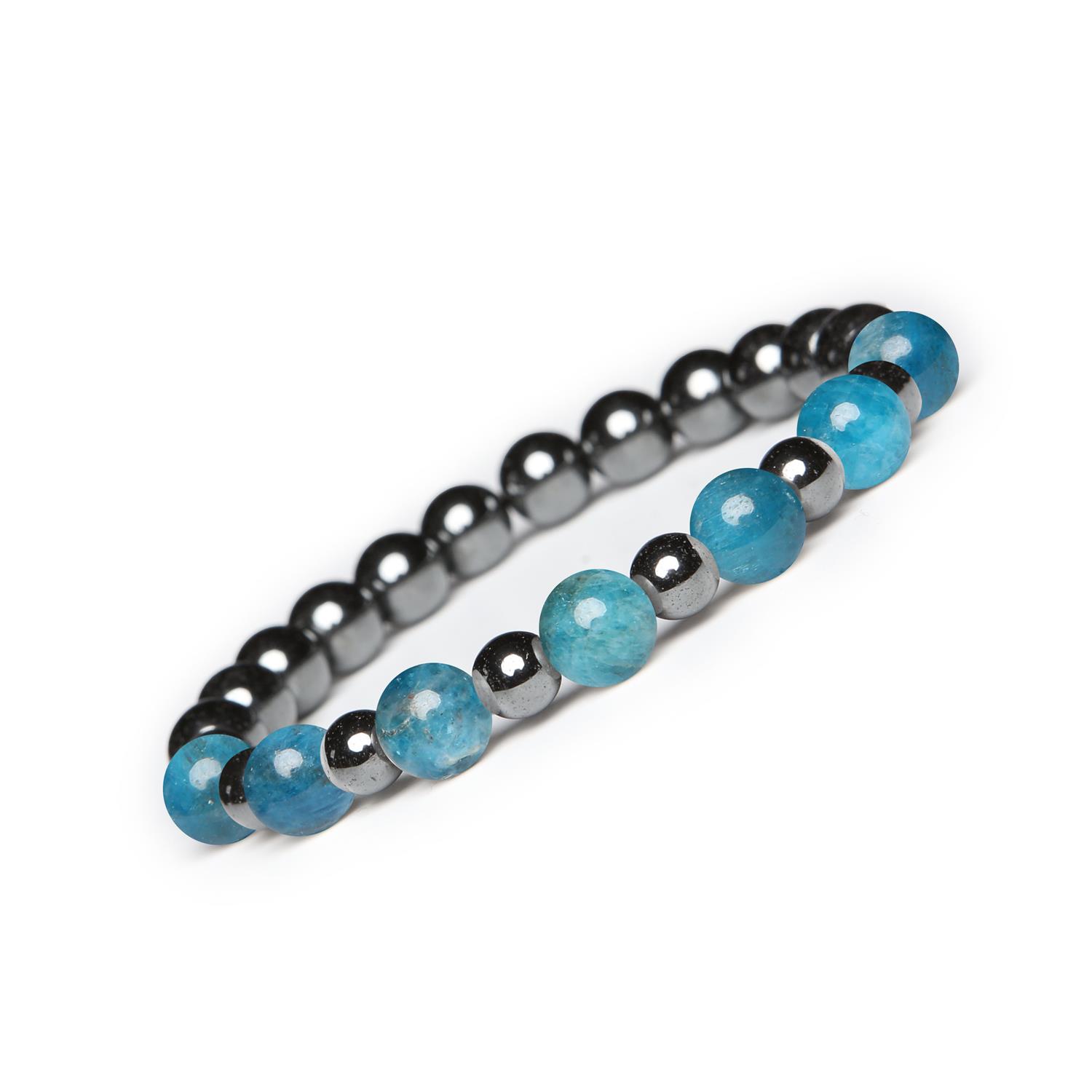 Bransoletka z kamieni naturalnych na gumce z kolekcji Mijaha - Apatyt i Hematyt grafitowy dla Kobiet i Mężczyzn Elegancka biżuteria z apatytu i hematytu grafitowego - kolekcja Mijaha dla każdego.