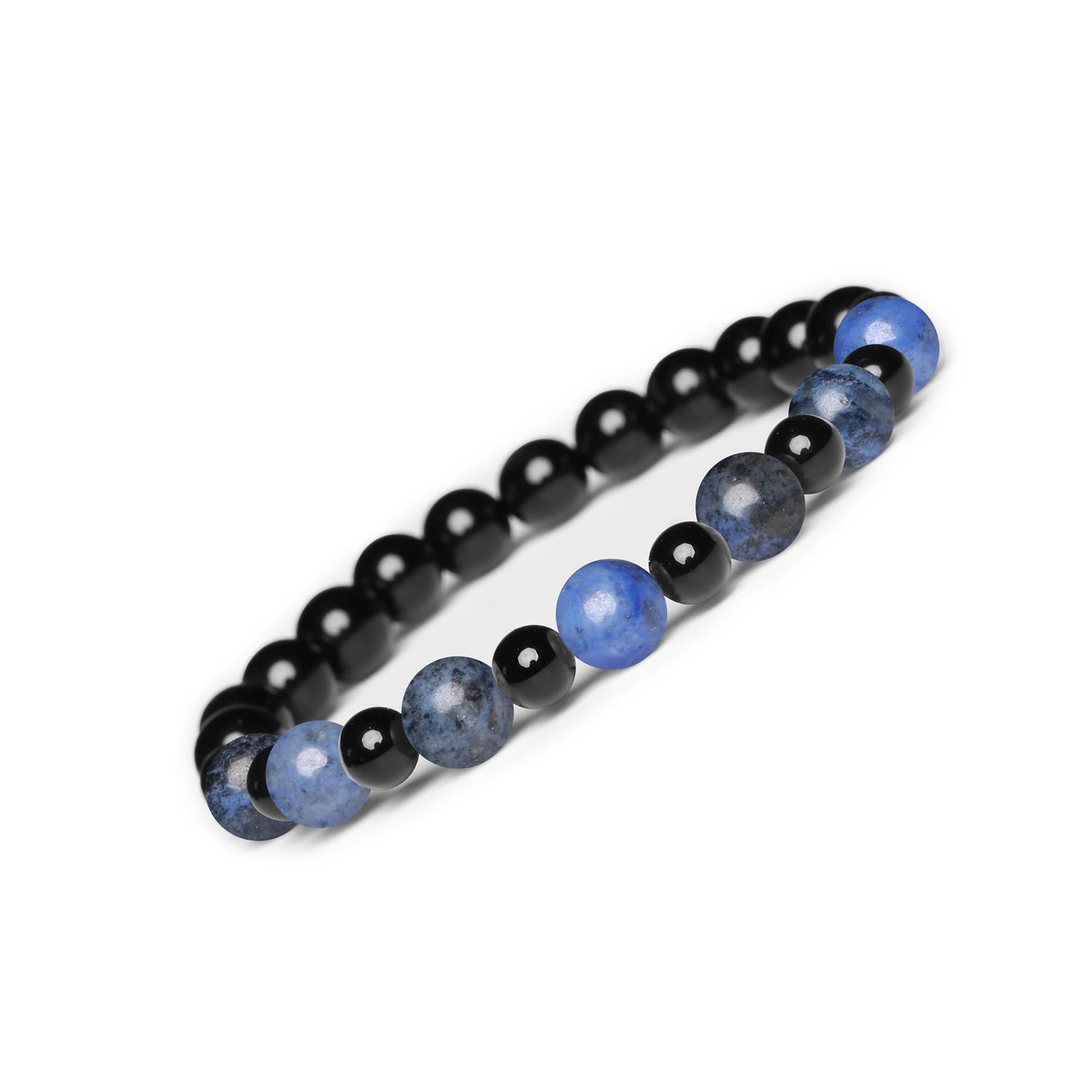 Bransoletka z kamieni naturalnych na gumce z kolekcji Mijaha - Dumortieryt i Onyks, idealna dla Kobiet i Mężczyzn Naturalna bransoletka na gumce z kolekcji Mijaha - Dumortieryt i Onyks, dedykowana Kobietom i Mężczyznom