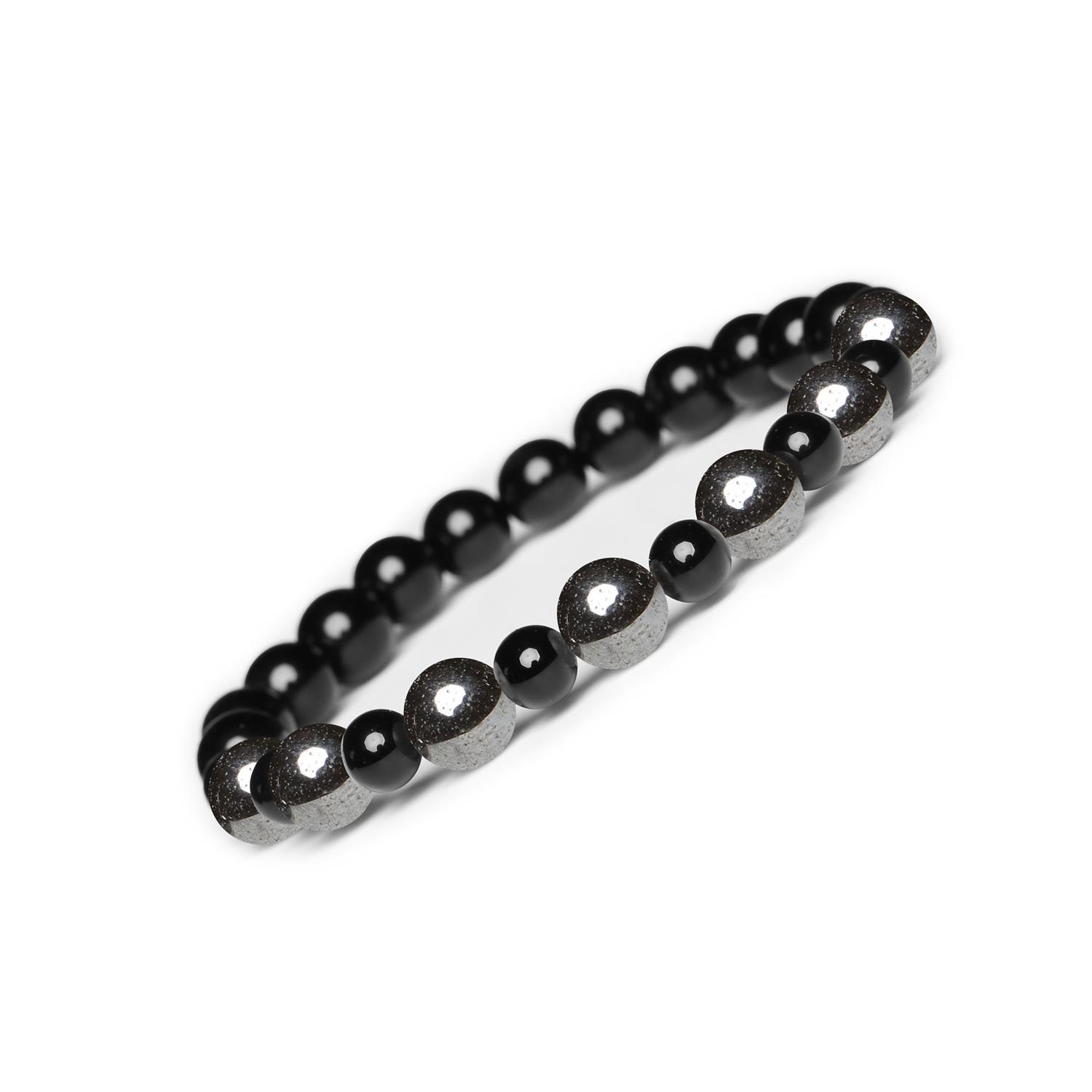 Bransoletka z kamieni naturalnych na gumce z kolekcji Mijaha - Hematyt Grafitowy i Onyks dla Kobiet i Mężczyzn Elegancka bransoletka z kamieni naturalnych na gumce z kolekcji Mijaha - hematyt grafitowy i onyks dla kobiet i mężczyzn