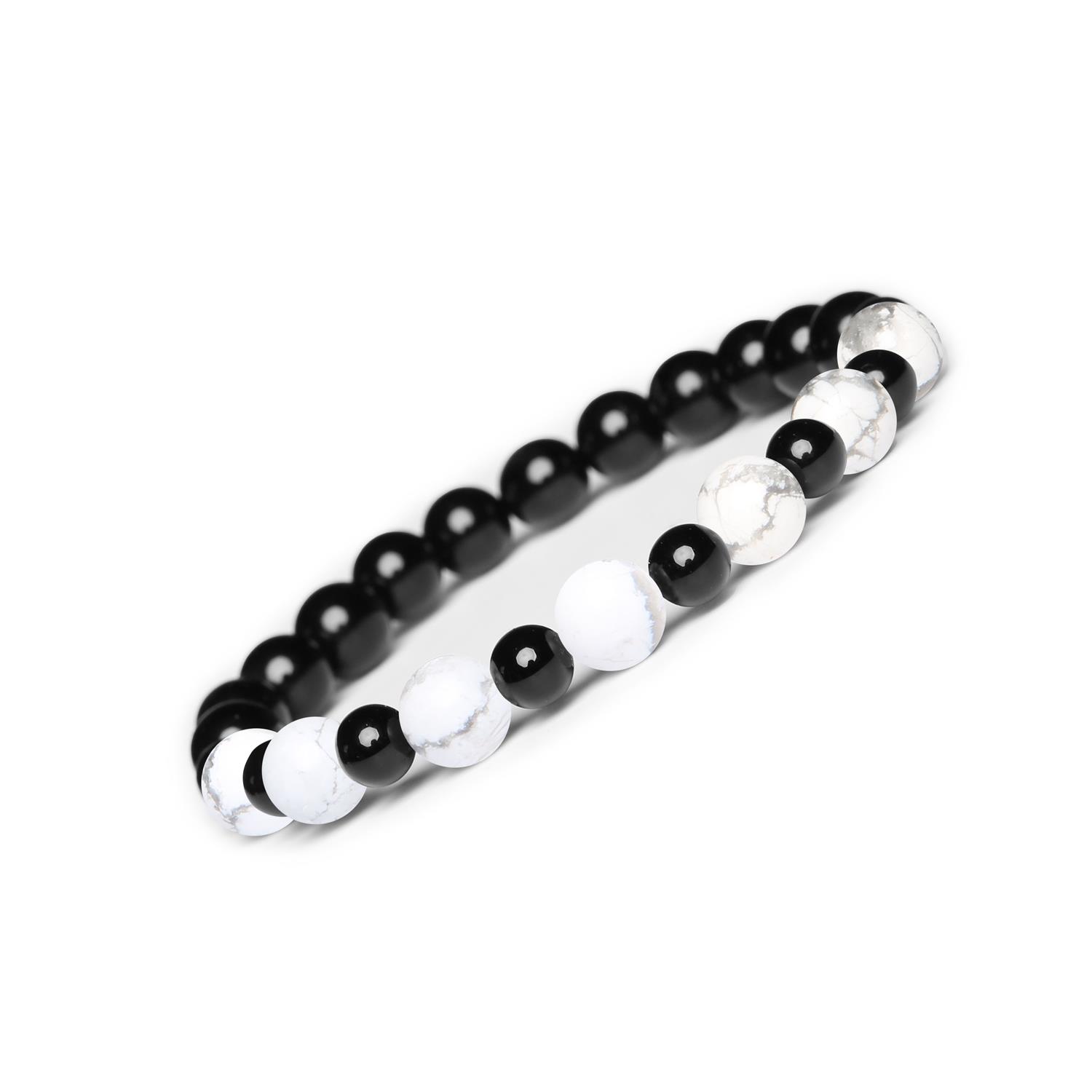 Bransoletka z kamieni naturalnych na gumce z kolekcji Mijaha - Howlit, Onyks, idealna dla Kobiet i Mężczyzn Bransoletka z kolekcji Mijaha z kamieni Howlit i Onyks na gumce, stworzona dla Kobiet i Mężczyzn