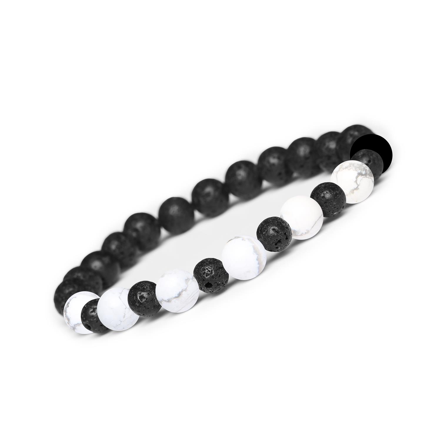 Bransoletka z kamieni naturalnych na gumce z kolekcji Mijaha - Howlit i Lawa Wulkaniczna, idealna dla kobiet i mężczyz Bransoletka Mijaha z połączeniem naturalnych kamieni Howlit i lawy wulkanicznej, stworzona z myślą o kobietach i mężczyznach.