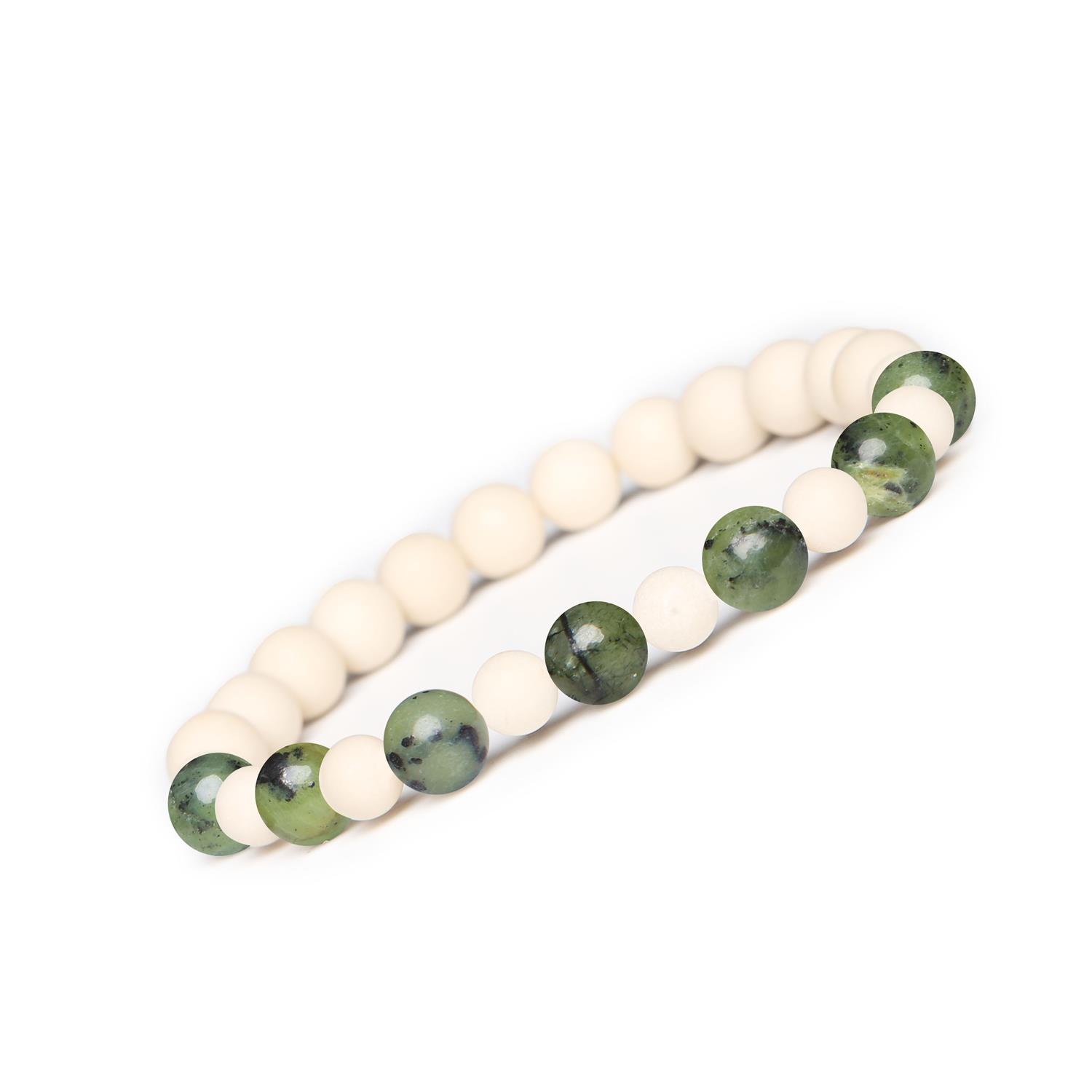 Bransoletka z kamieni naturalnych na gumce z kolekcji Mijaha - Jadeit Zielony i Kamień Rzeczny dla Kobiet Elegancka bransoletka Mijaha z zielonym jadeitem i kamieniem rzecznym, stworzona z myślą o kobietach i mężczyznach.