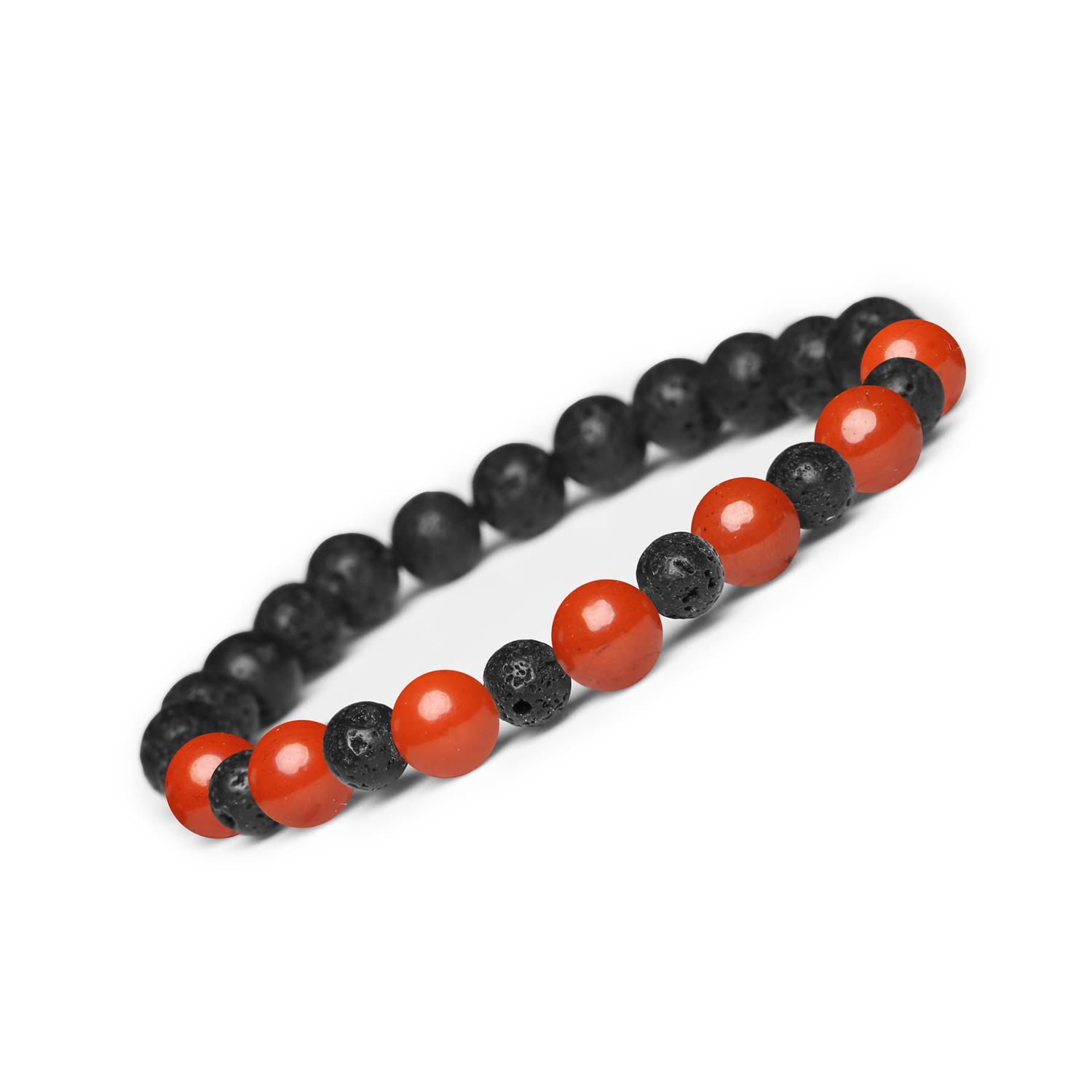 Bransoletka z kamieni naturalnych na gumce z kolekcji Mijaha - Jaspis Czerwony i Lawa Wulkaniczna dla Bransoletka Mijaha z naturalnymi kamieniami: Czerwony Jaspis i Lawa Wulkaniczna dla kobiet i mężczyzn.