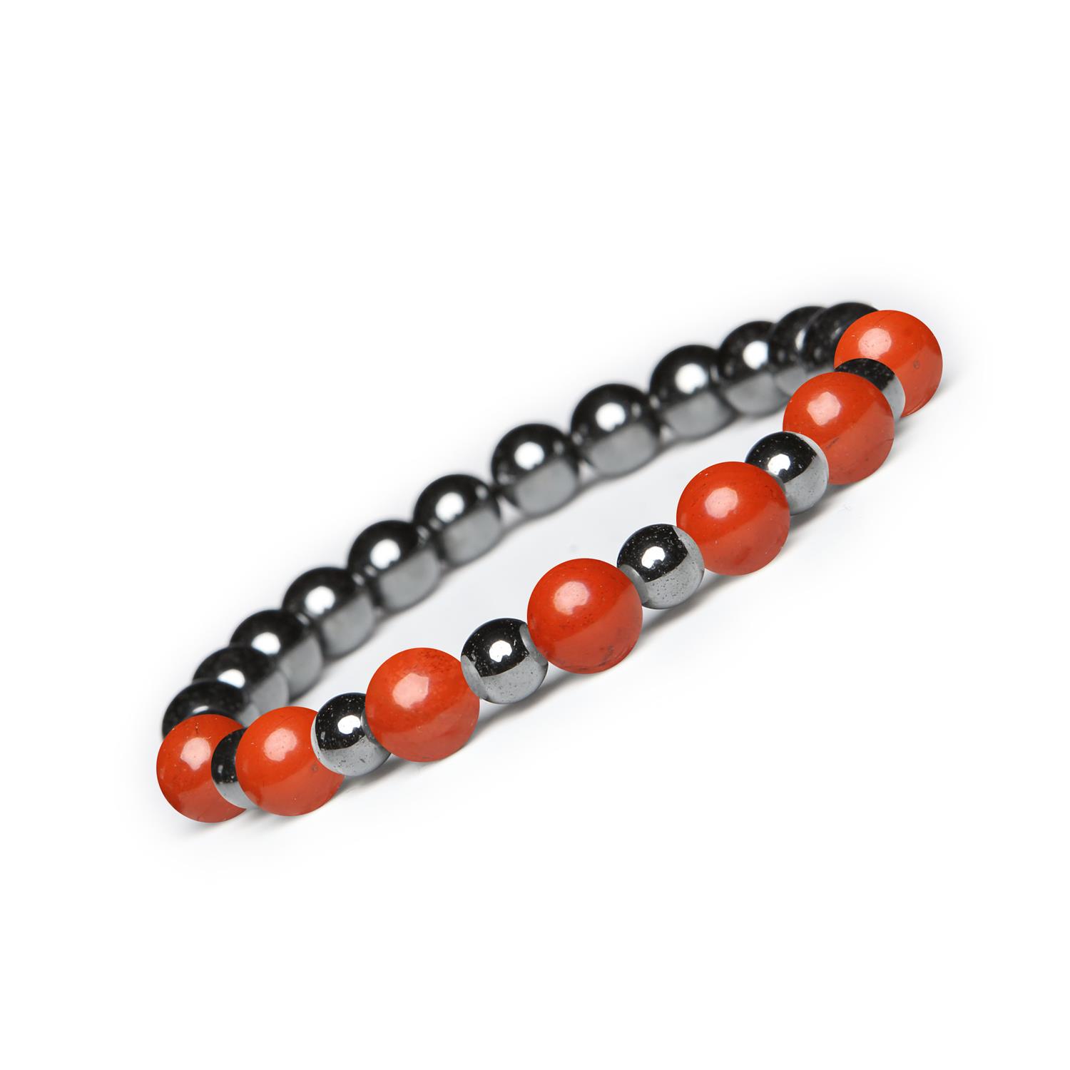 Bransoletka z kamieni naturalnych na gumce z kolekcji Mijaha, Jaspis Czerwony i Onyks, idealna dla K Bransoletka z kolekcji Mijaha, wykonana z naturalnych kamieni: jaspis czerwony i onyks. Idealna dla kobiet i mężczyzn