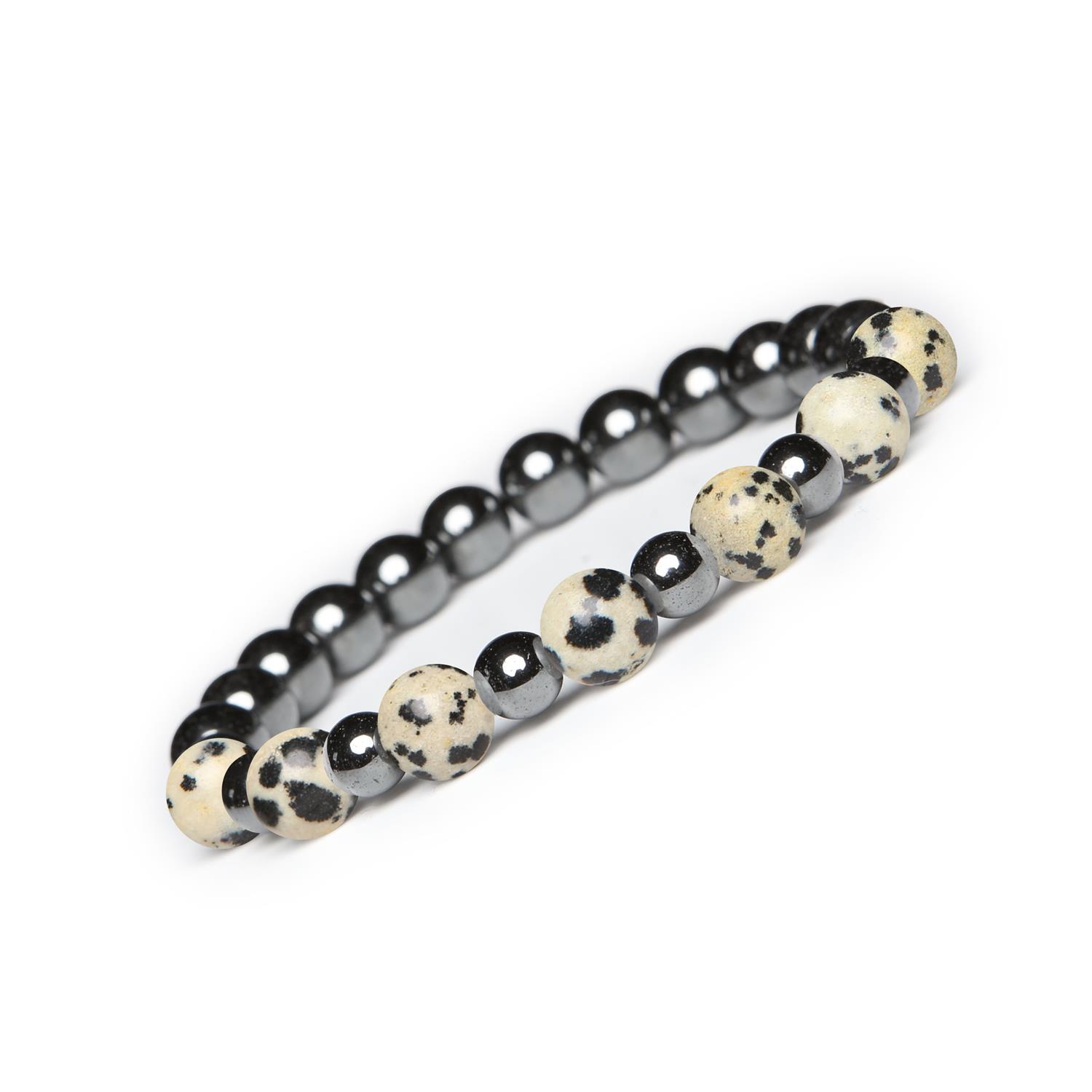 Bransoletka z kamieni naturalnych na gumce z kolekcji Mijaha - Jaspis Dalmatyński i Hematyt grafitowy dla Bransoletka męska i damska z Jaspisem Dalmatyńskim oraz Hematytem grafitowym, modne akcesoria z kolekcji Mijaha.