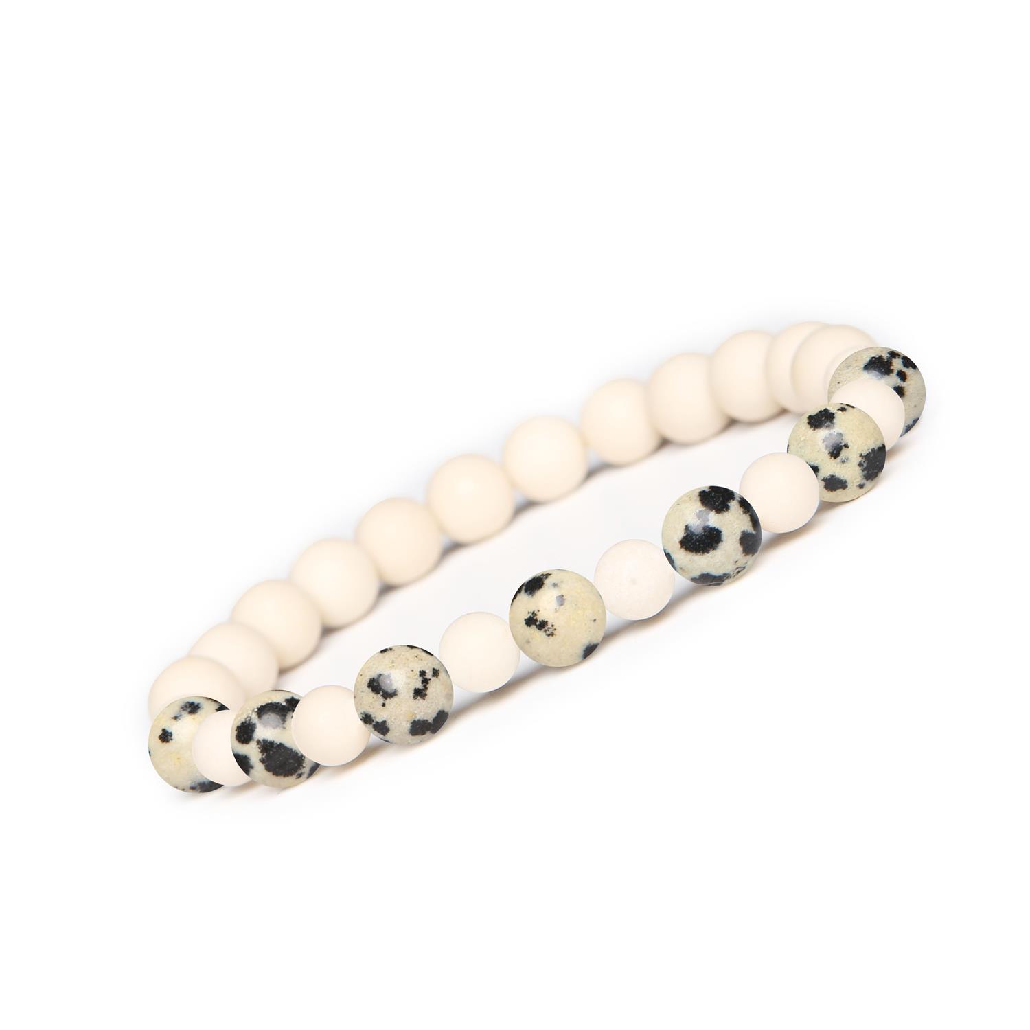 Bransoletka z kamieni naturalnych na gumce z kolekcji Mijaha - Jaspis Dalmatyński i Kamień Rzeczny, idealna Elegancka bransoletka Mijaha z Jaspisem Dalmatyńskim i Kamieniem Rzecznym, doskonała biżuteria dla kobiet i mężczyzn.